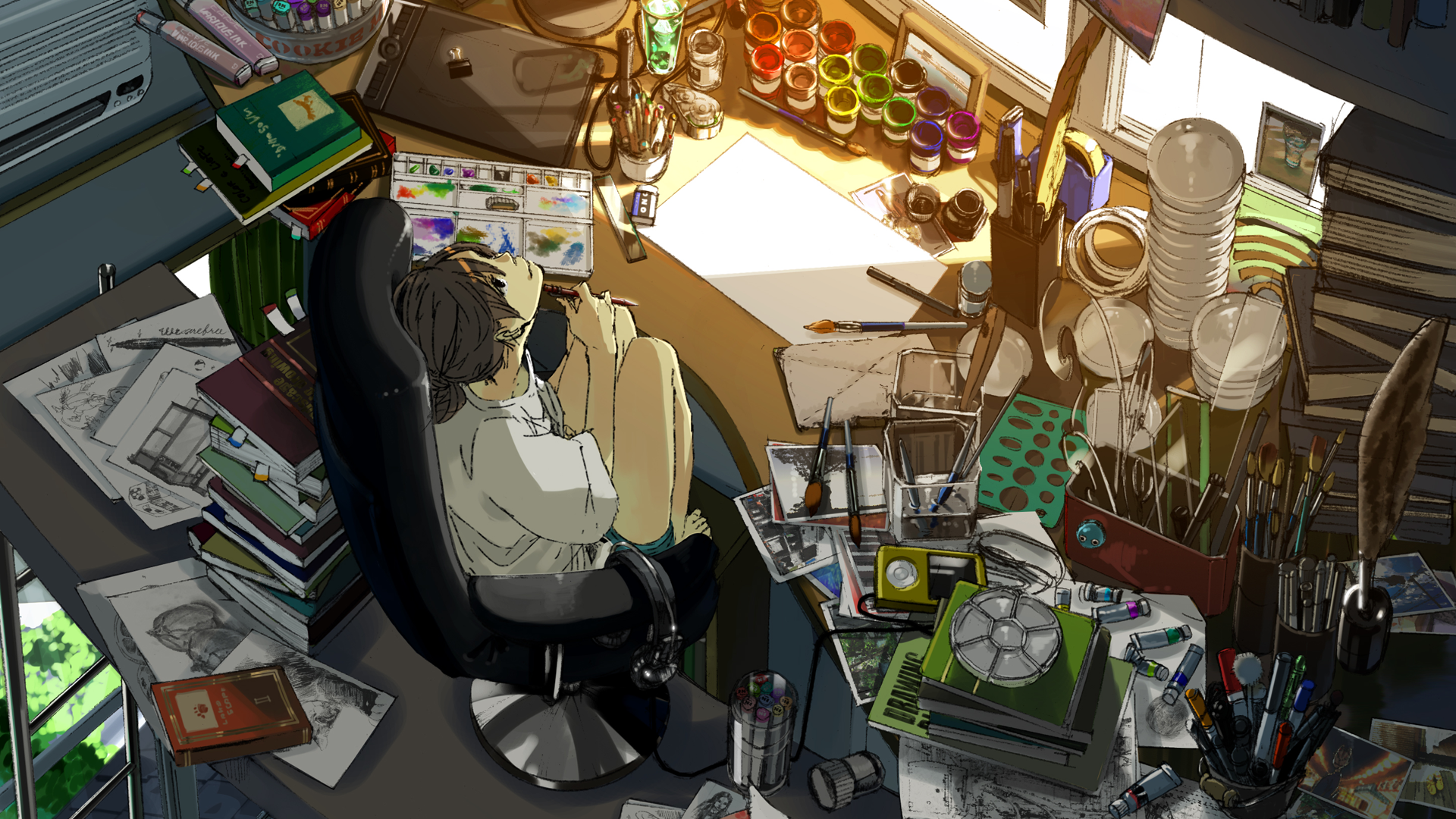 Anime girl artist at a messy desk HD Wallpaper