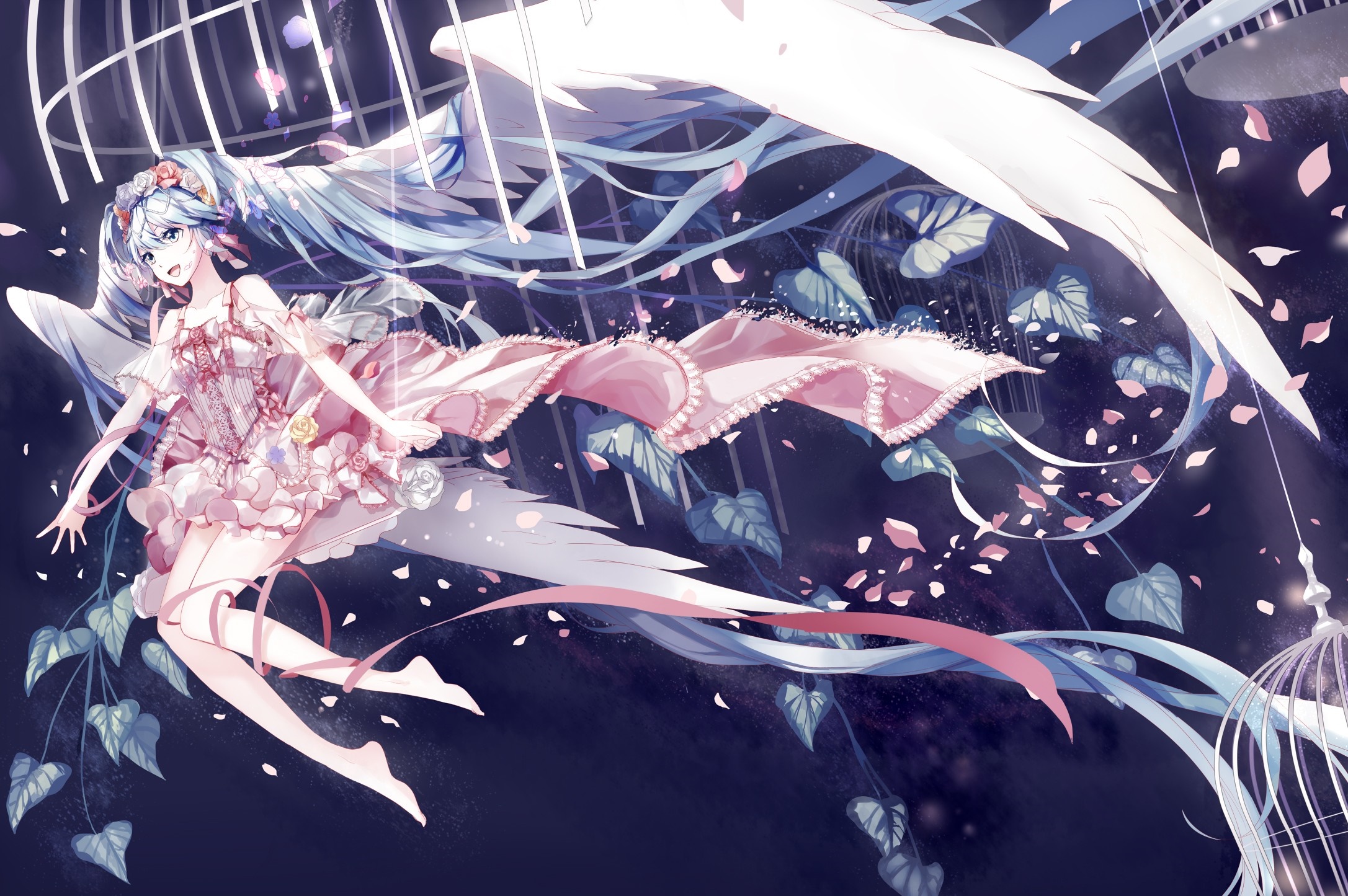 Hatsune Miku with wings and flowers in a cage HD Wallpaper