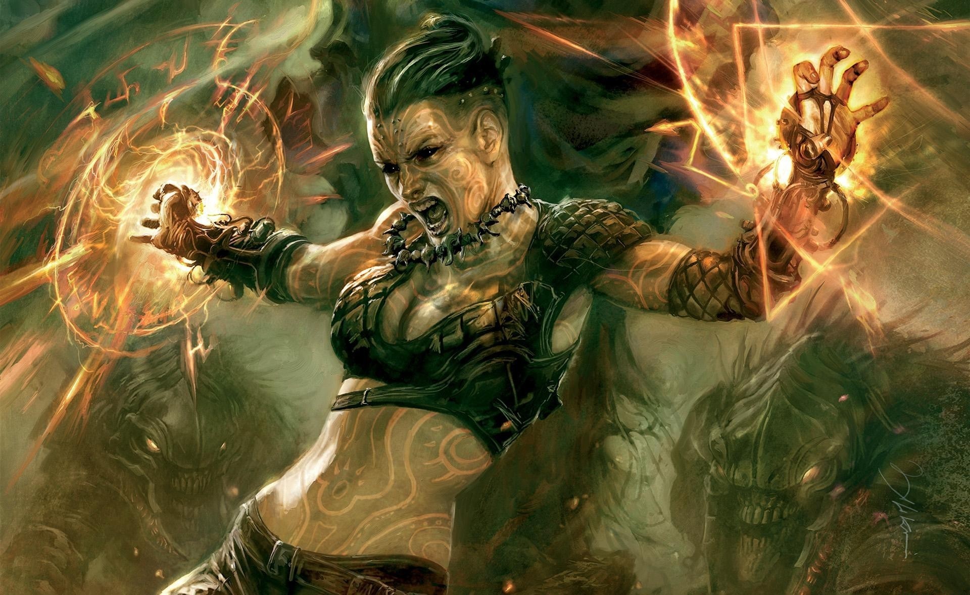 Woman warrior casting magic spells with monsters behind her HD Wallpaper
