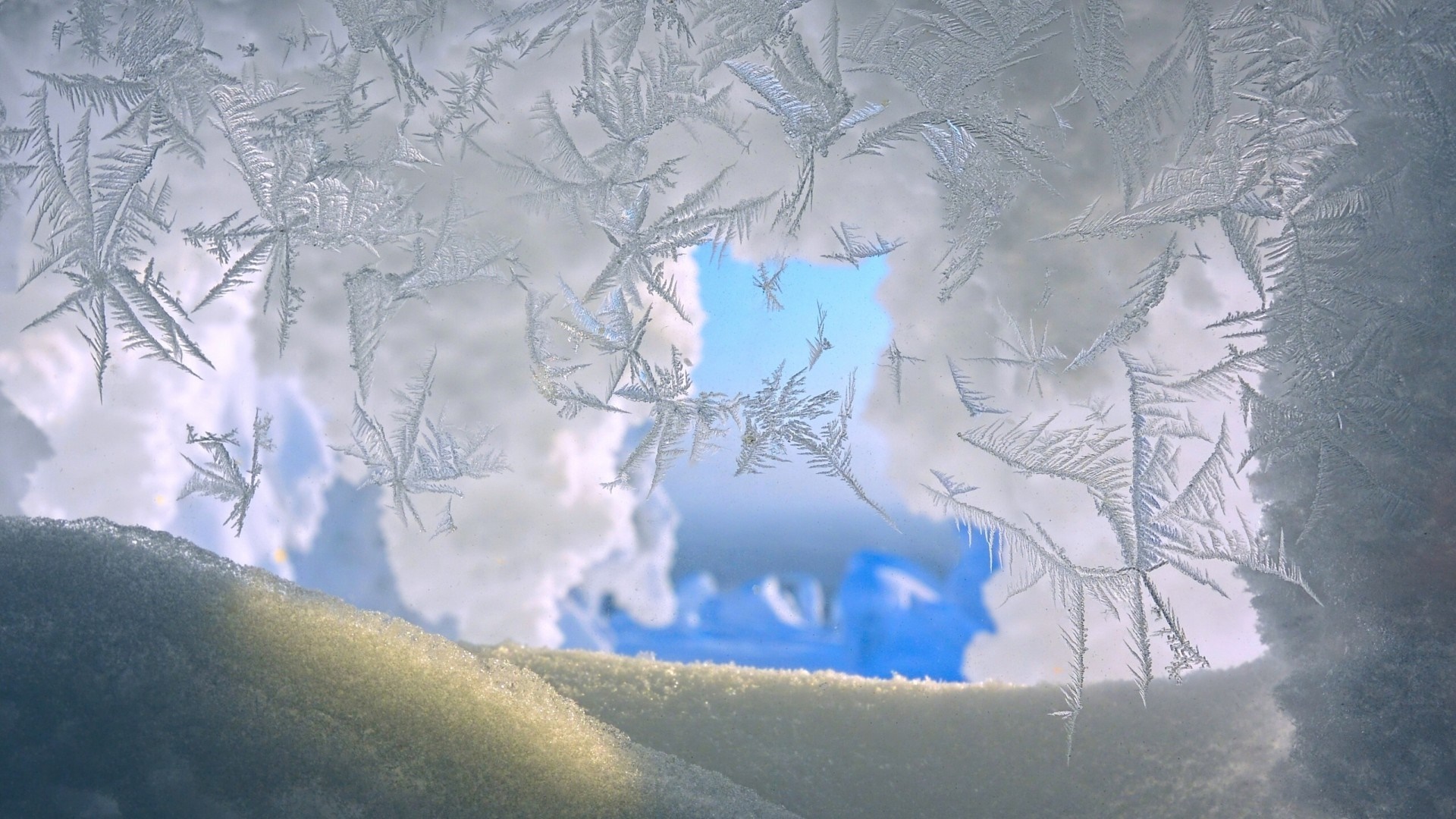 Frost patterns on a window with a blue sky background HD Wallpaper