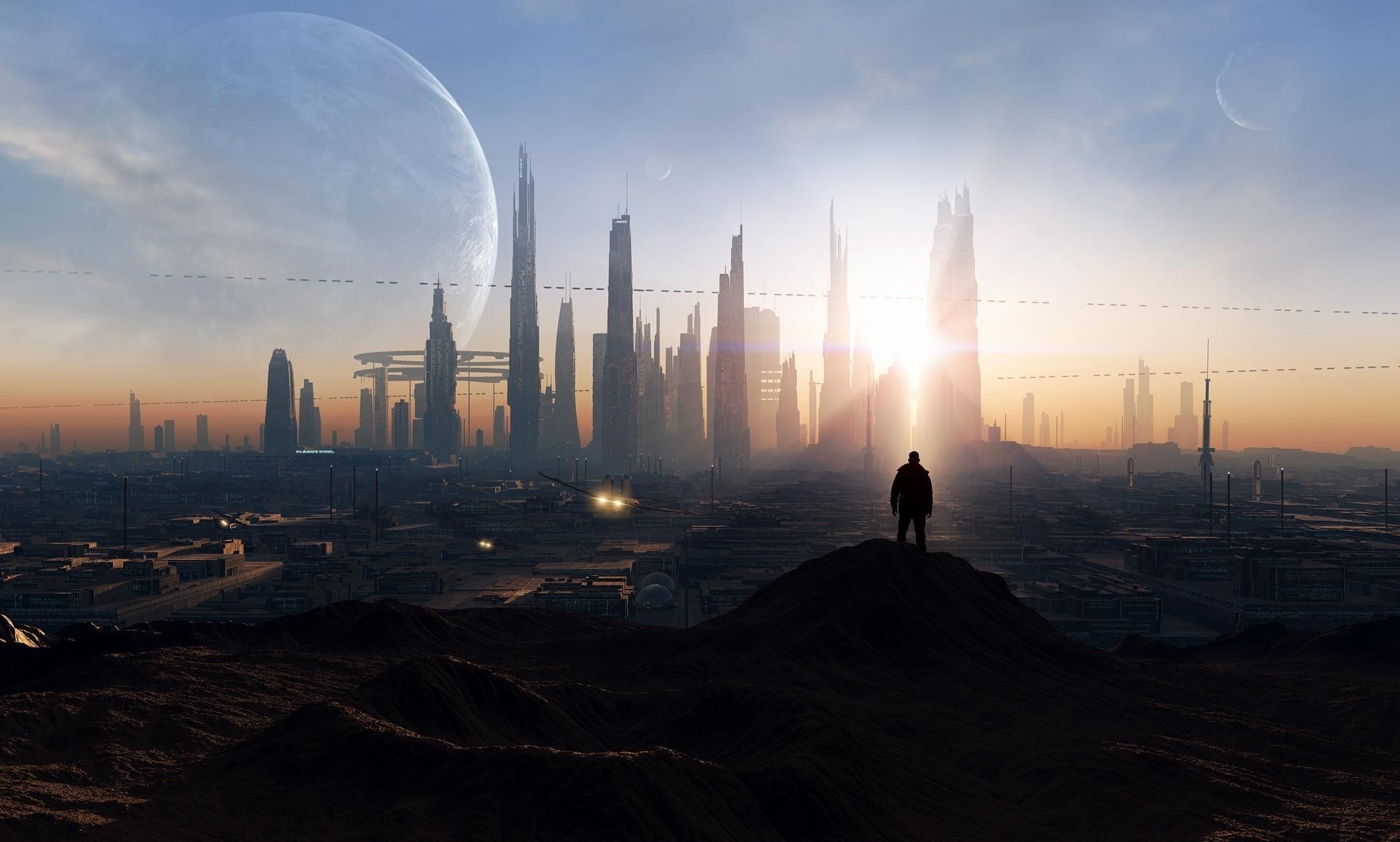 Futuristic cityscape at sunset with a lone figure HD Wallpaper