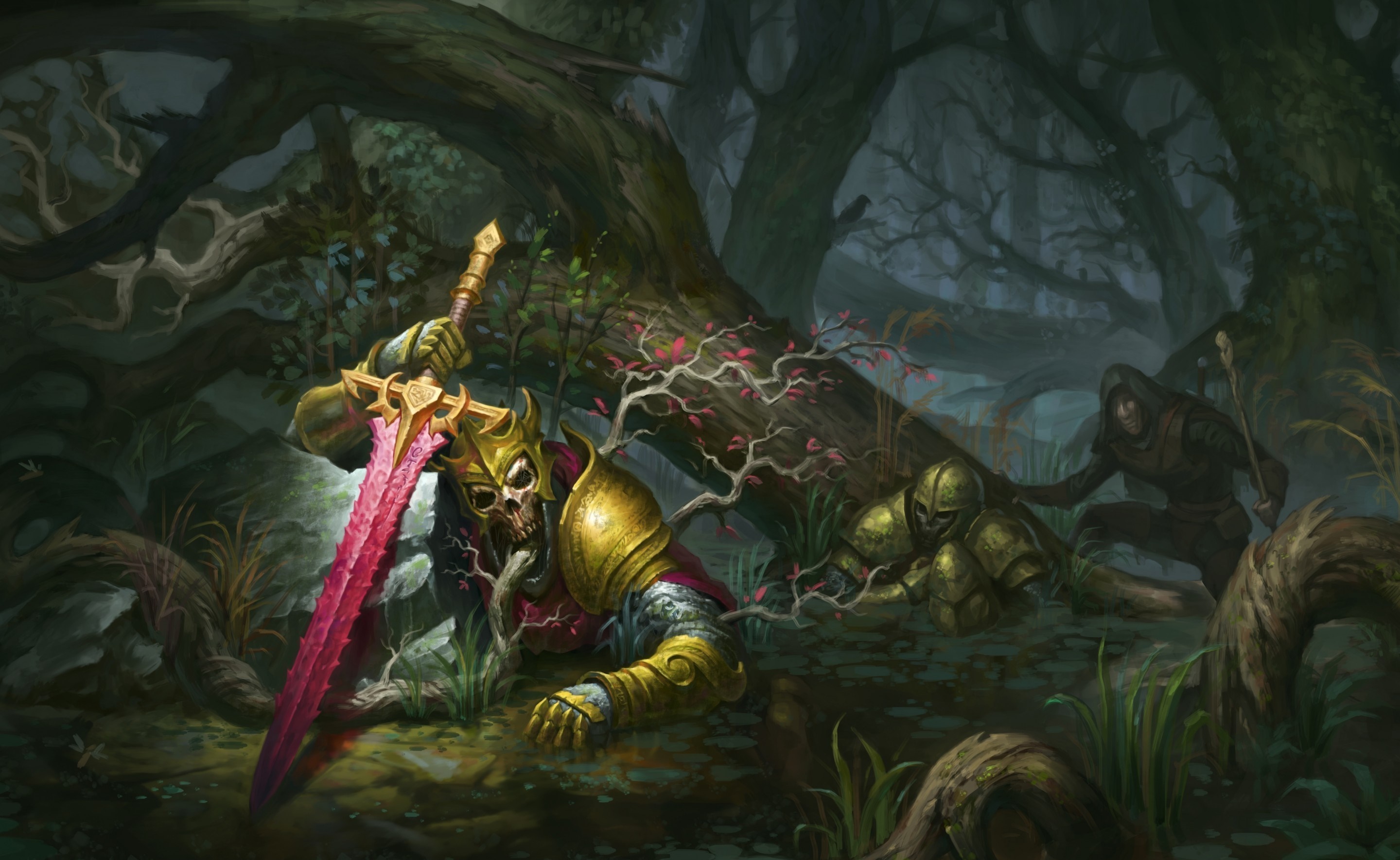 Skeleton warrior with a glowing sword in a dark forest HD Wallpaper