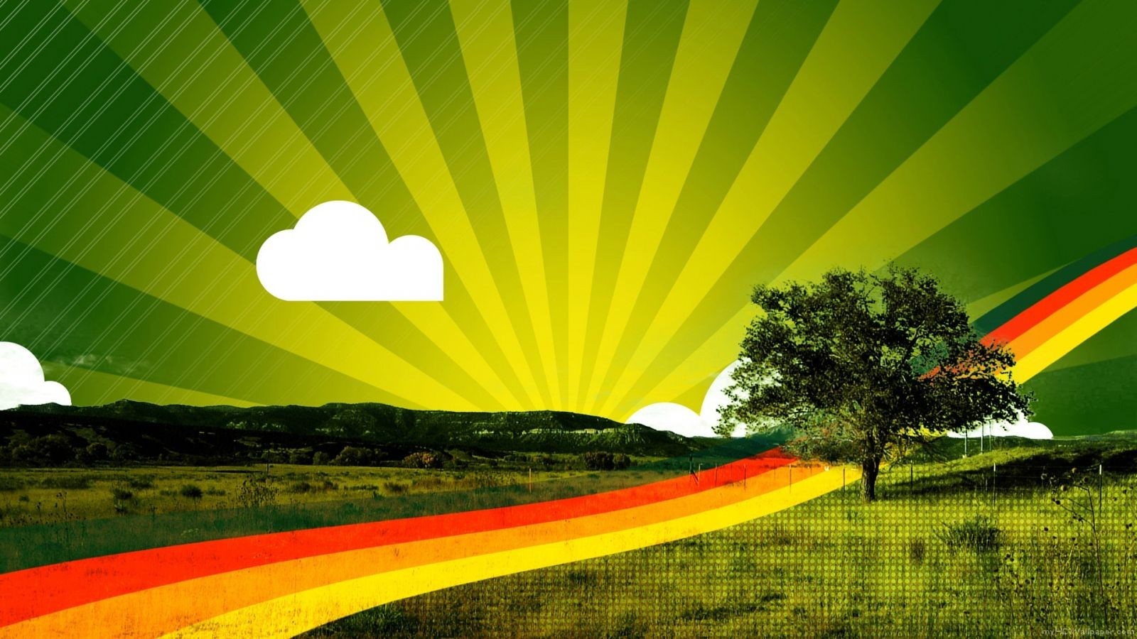 Digital art landscape with sunburst and rainbow HD Wallpaper