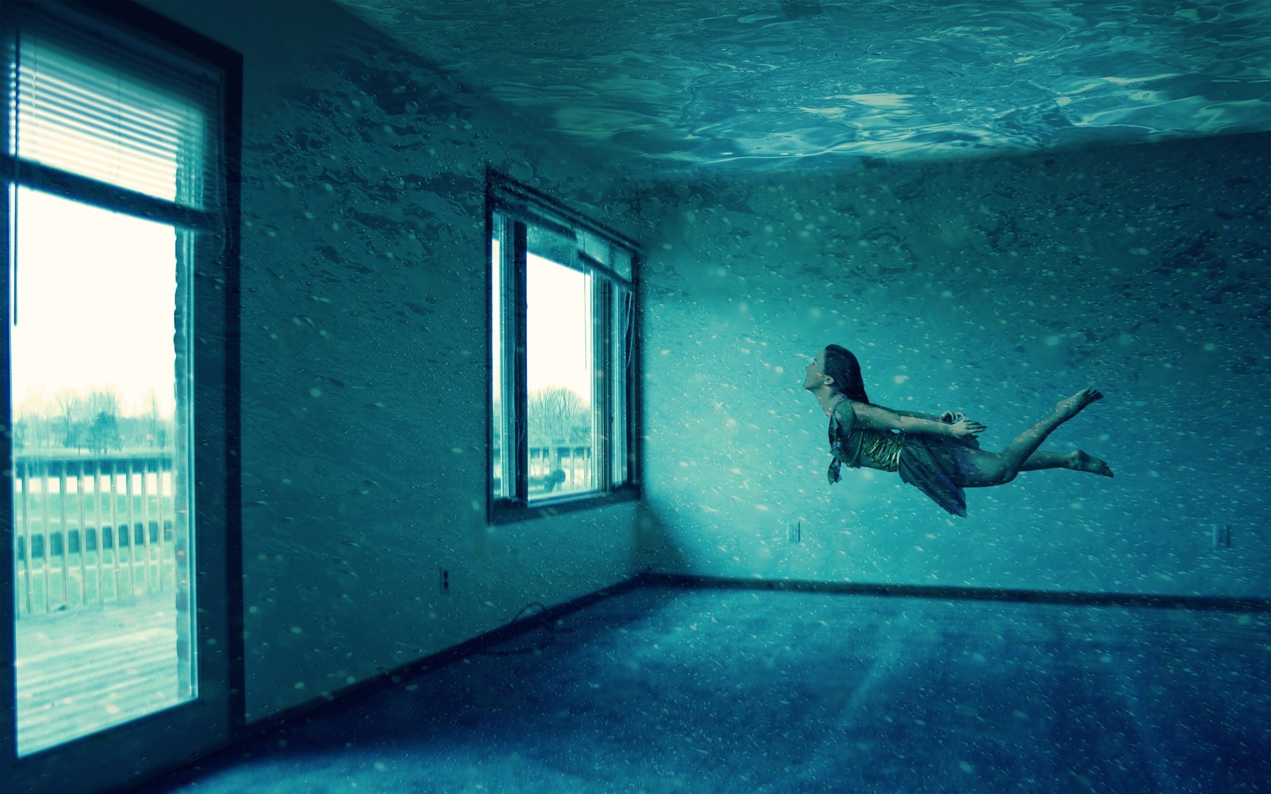 Surreal underwater room with a girl swimming HD Wallpaper