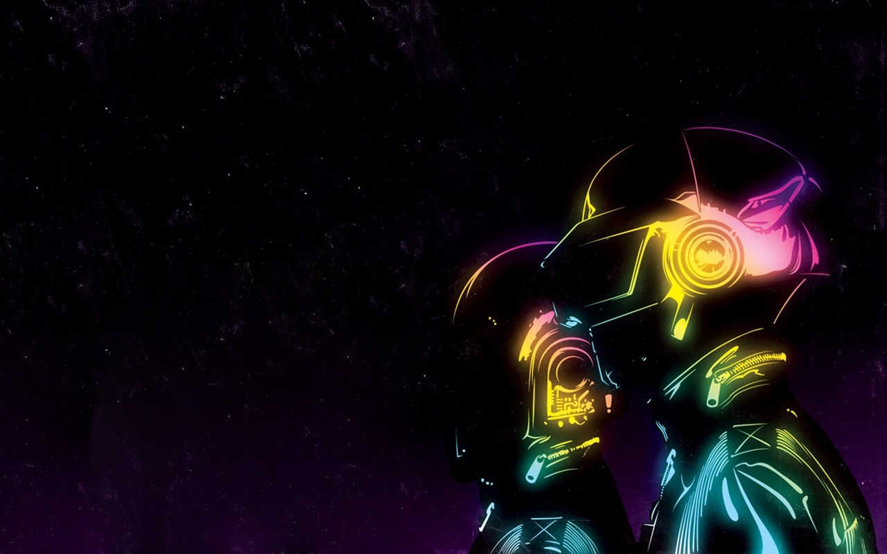 Daft Punk duo in neon outline against dark background HD Wallpaper