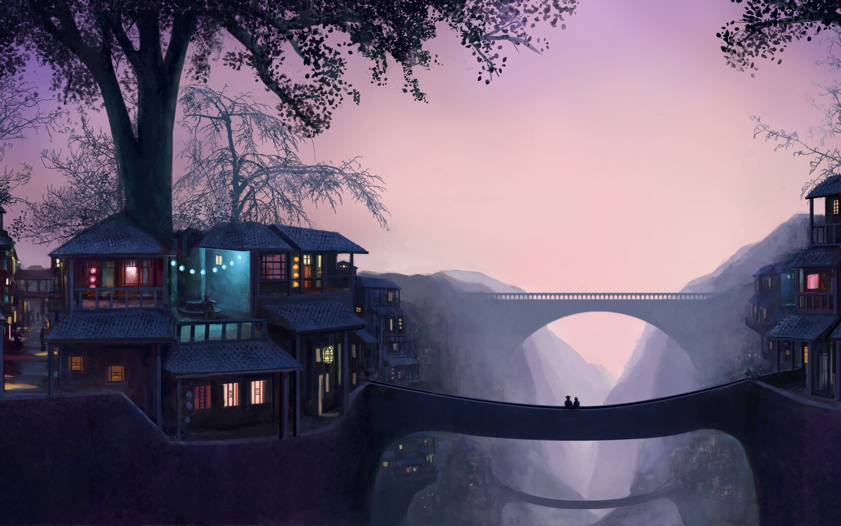 Fantasy village with bridges at dusk HD Wallpaper