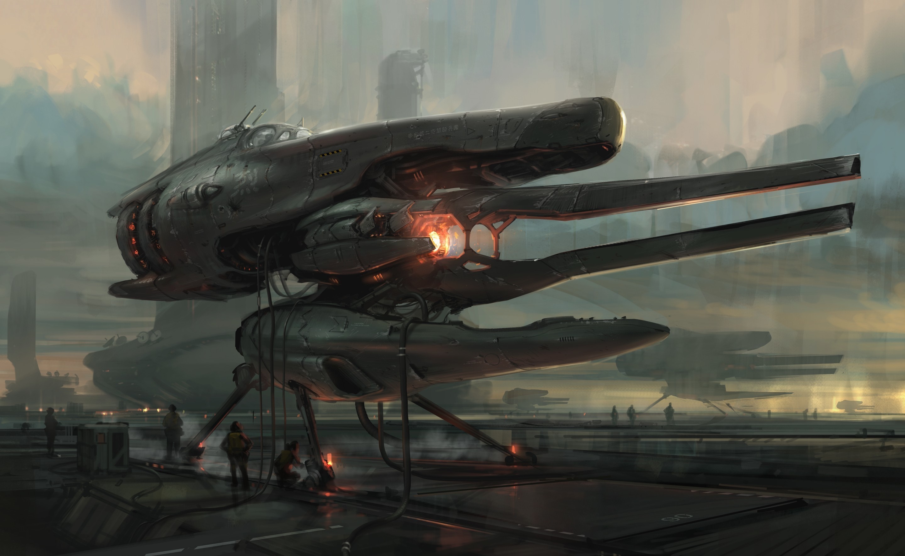 Futuristic military aircraft on a landing platform HD Wallpaper