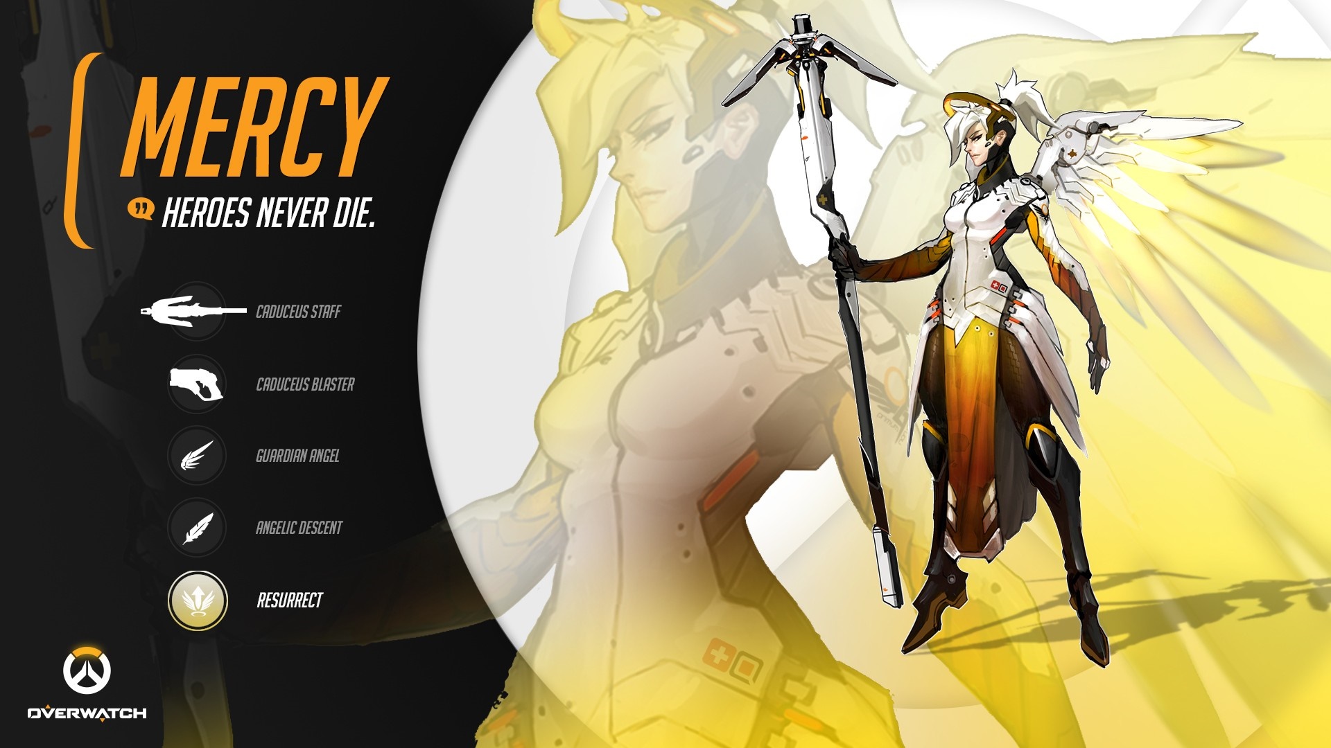 Mercy from Overwatch with abilities list HD Wallpaper