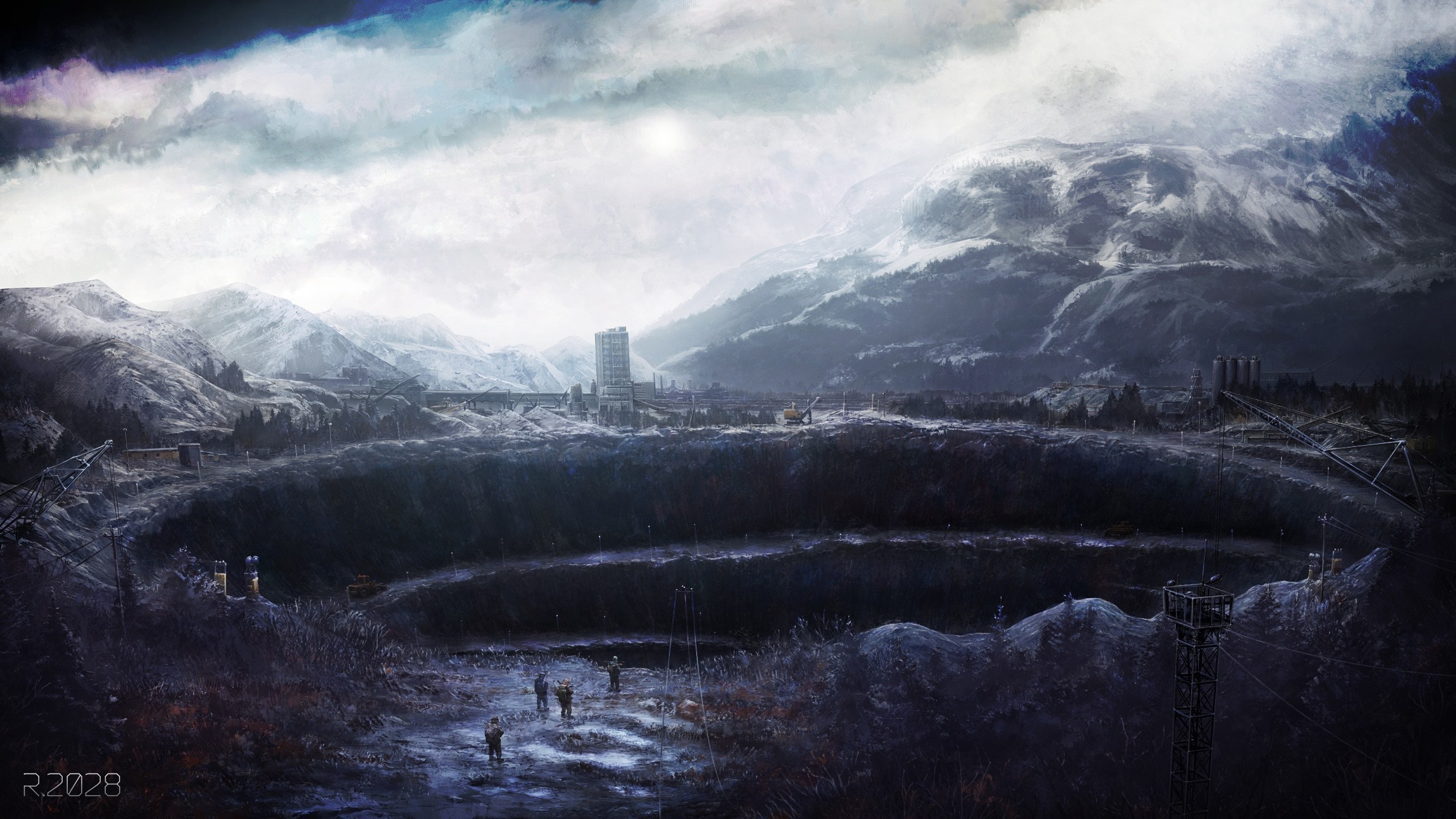 Post-apocalyptic landscape with crater and mountains HD Wallpaper