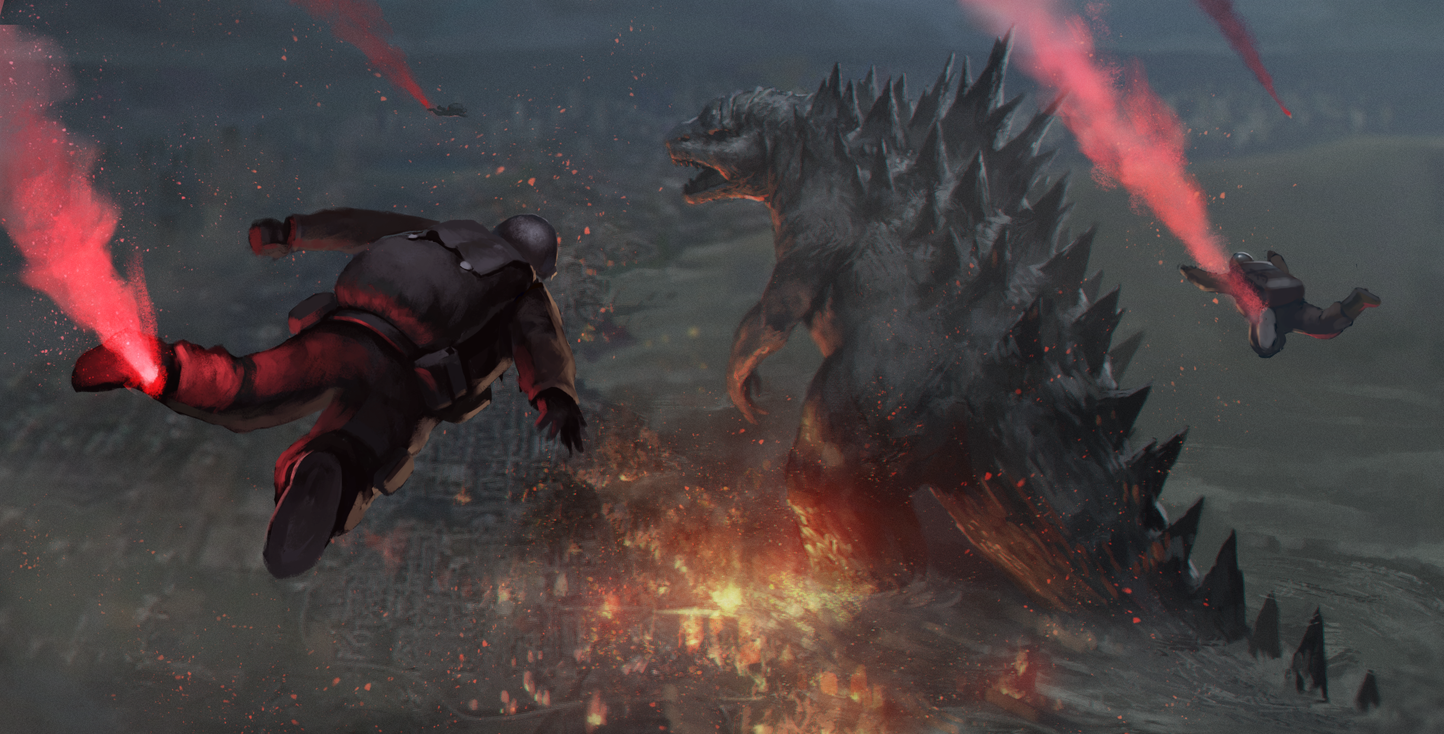 Godzilla attacking a city with soldiers parachuting HD Wallpaper