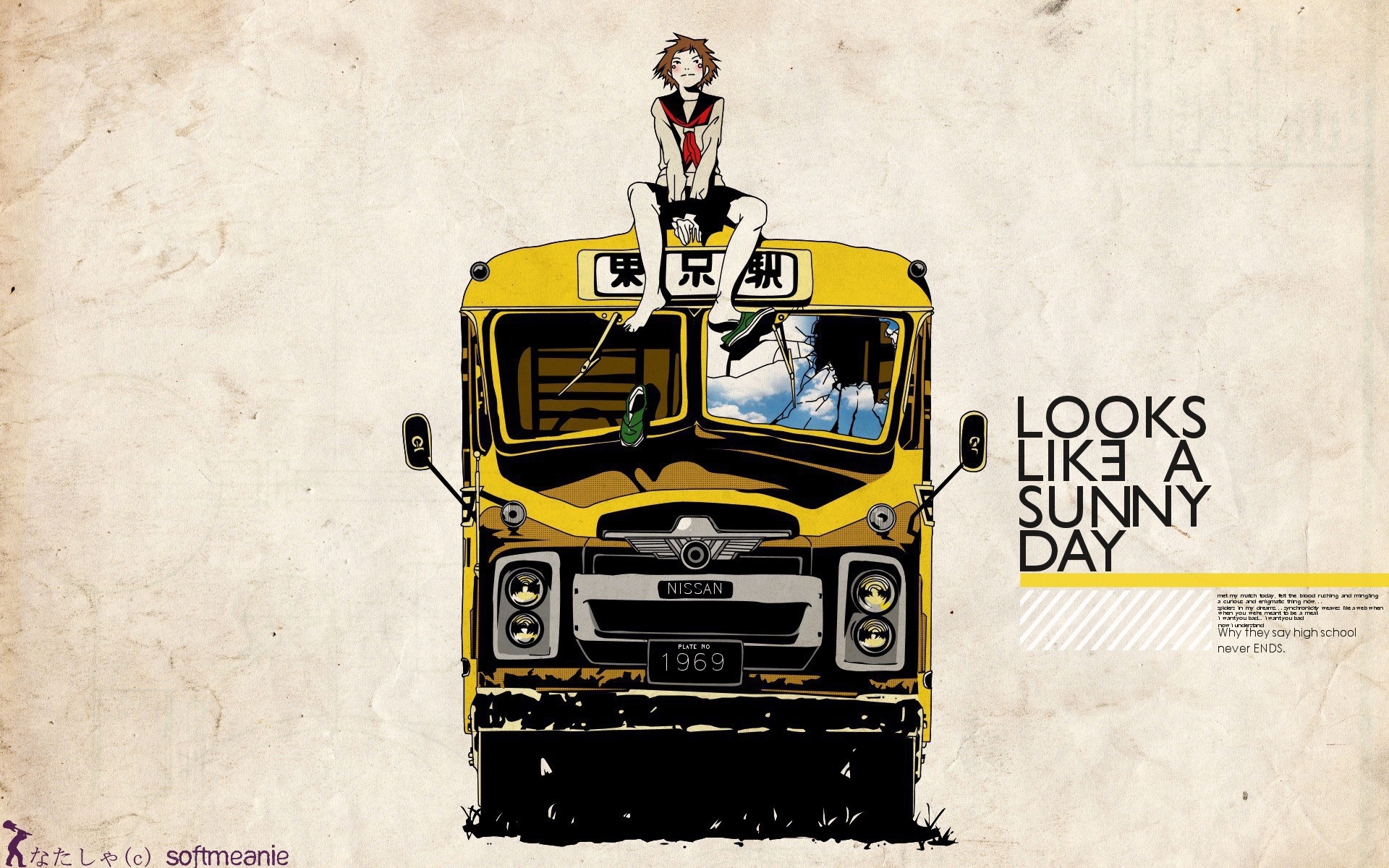 Anime girl sitting on a yellow Nissan bus HD Wallpaper