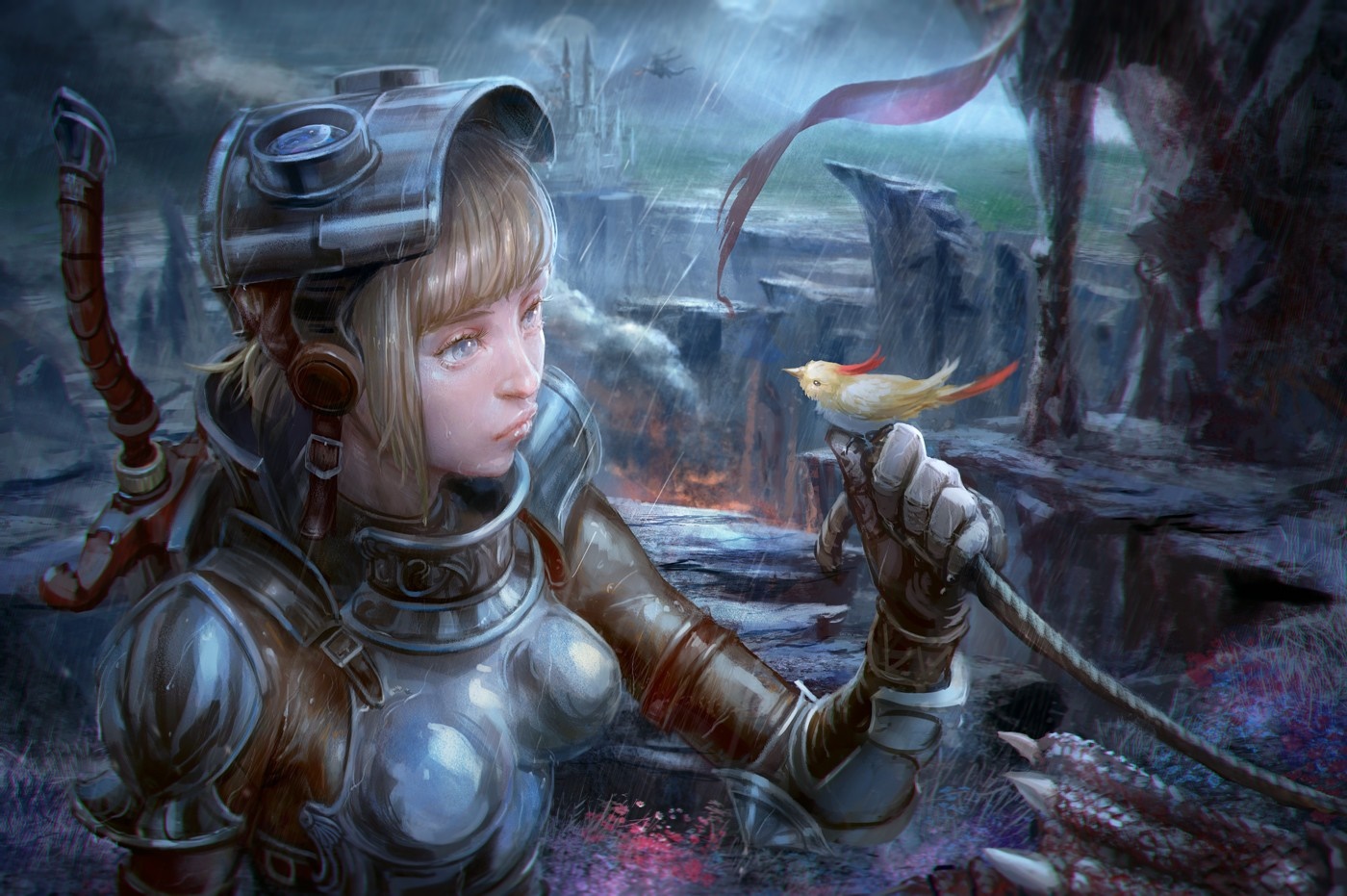 Girl in armor with a bird in the rain HD Wallpaper