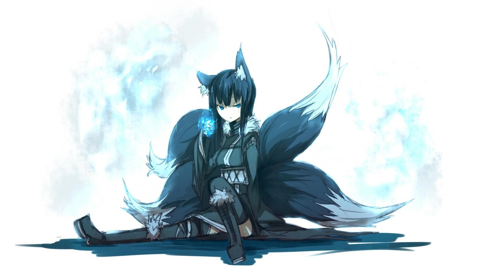 Anime girl with fox ears and tails holding a blue orb HD Wallpaper
