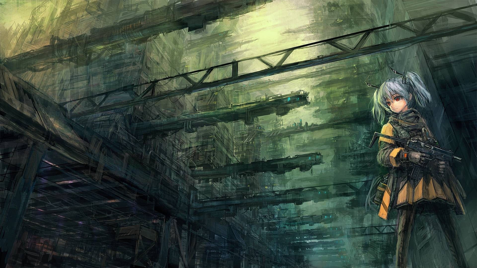Anime girl with gun in industrial setting HD Wallpaper