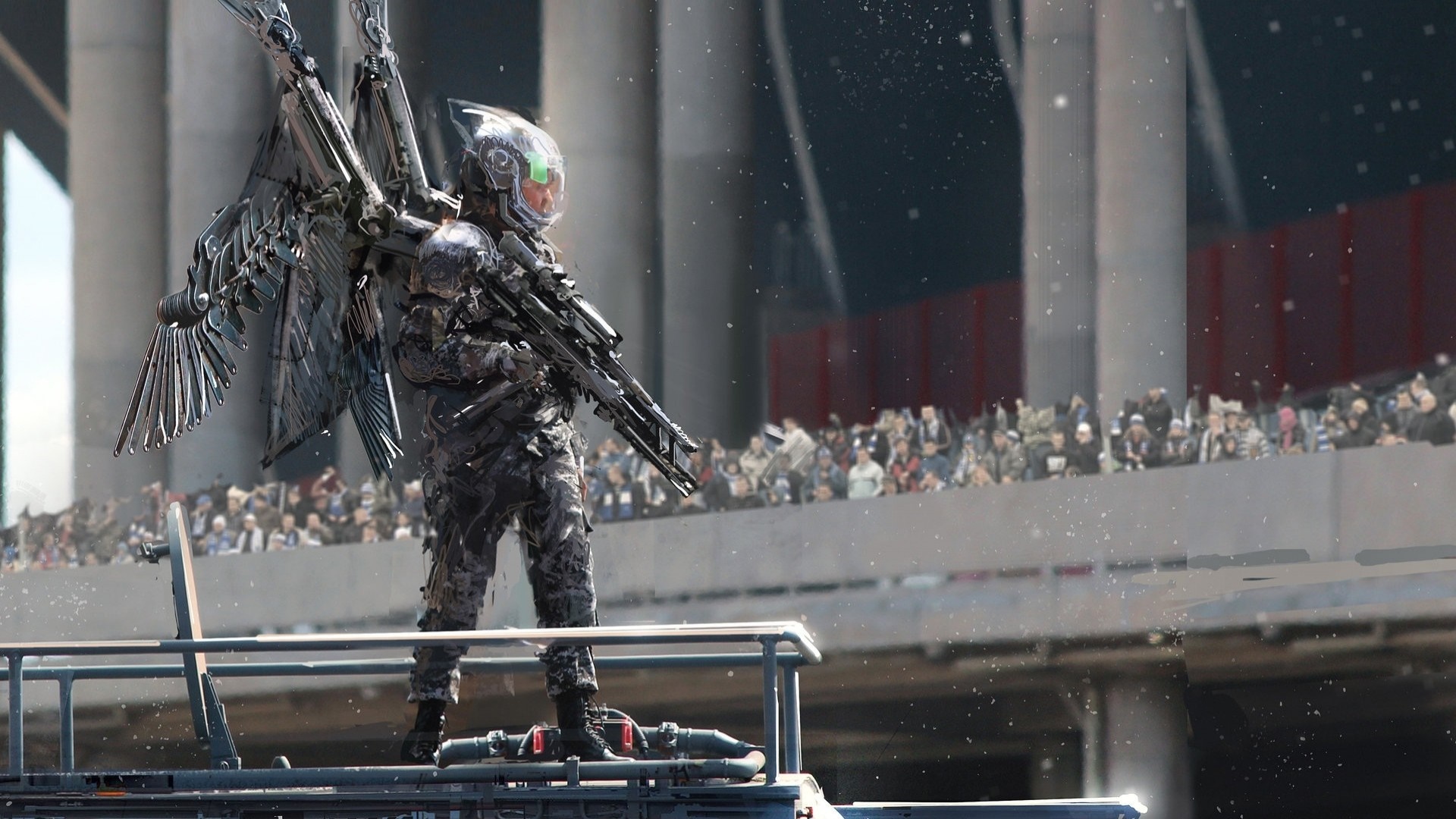 Soldier with mechanical wings and rifle on platform HD Wallpaper