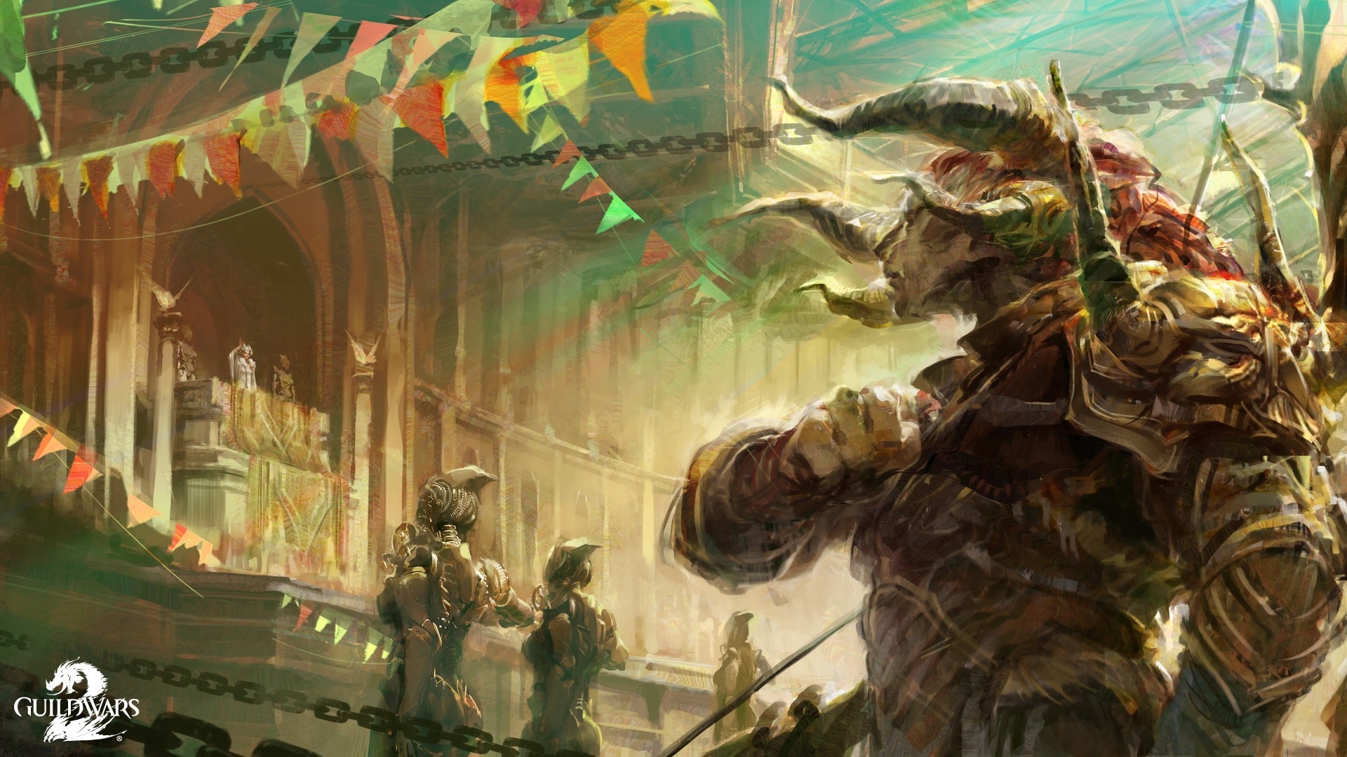 Guild Wars 2 character with horns in a marketplace HD Wallpaper