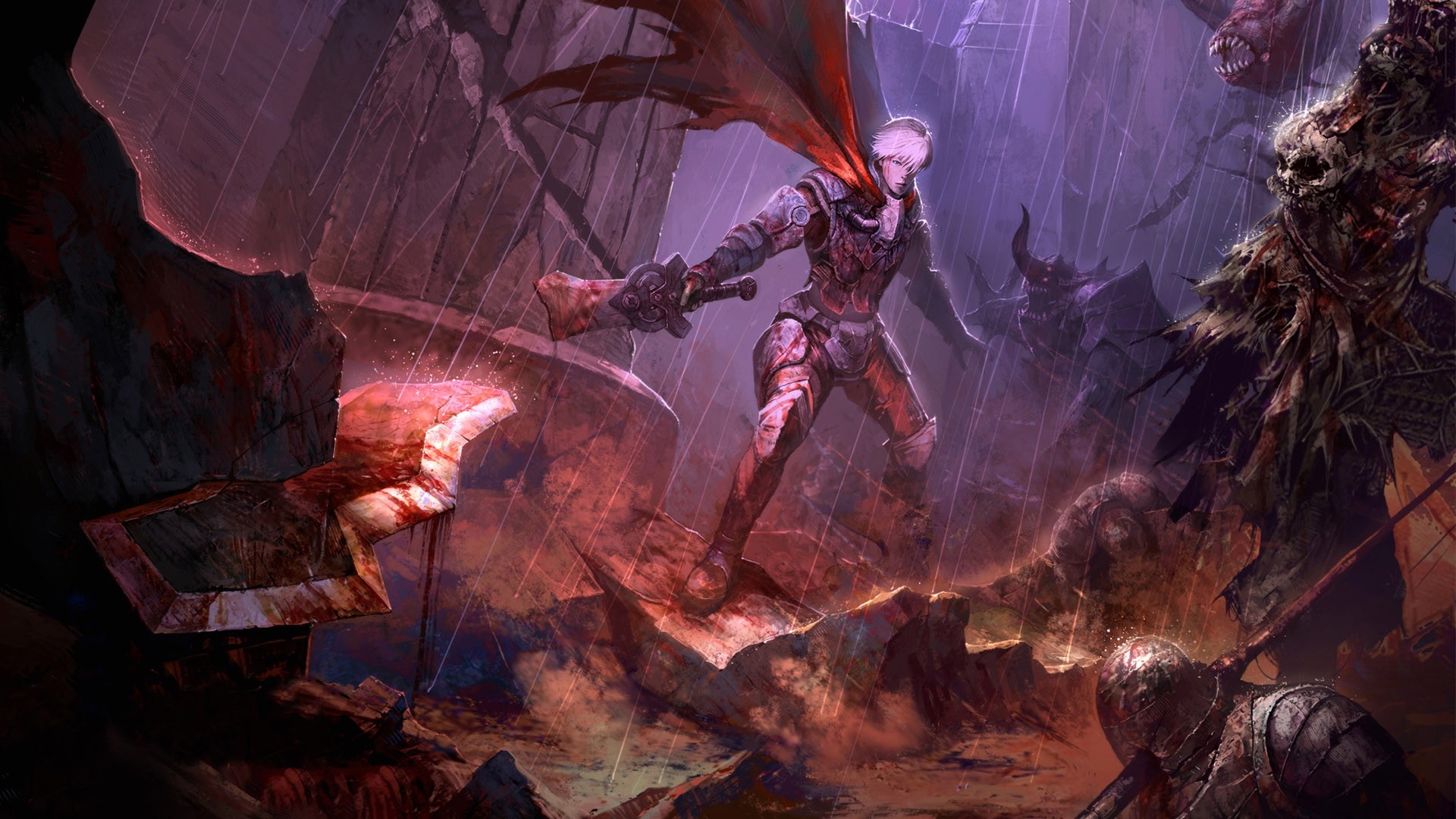 Fantasy warrior fighting monsters in a ruined landscape HD Wallpaper