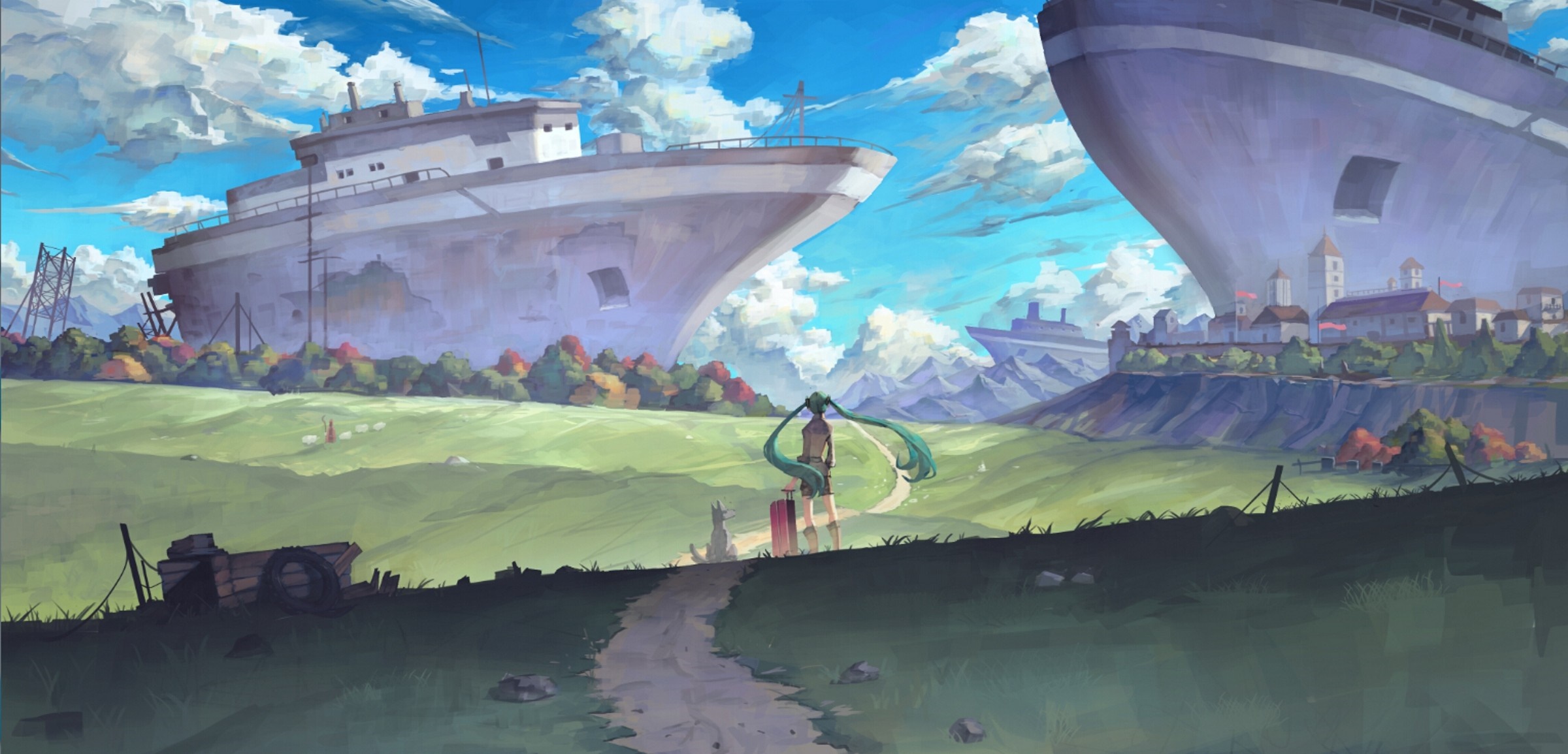 Hatsune Miku in a surreal landscape with giant ships HD Wallpaper