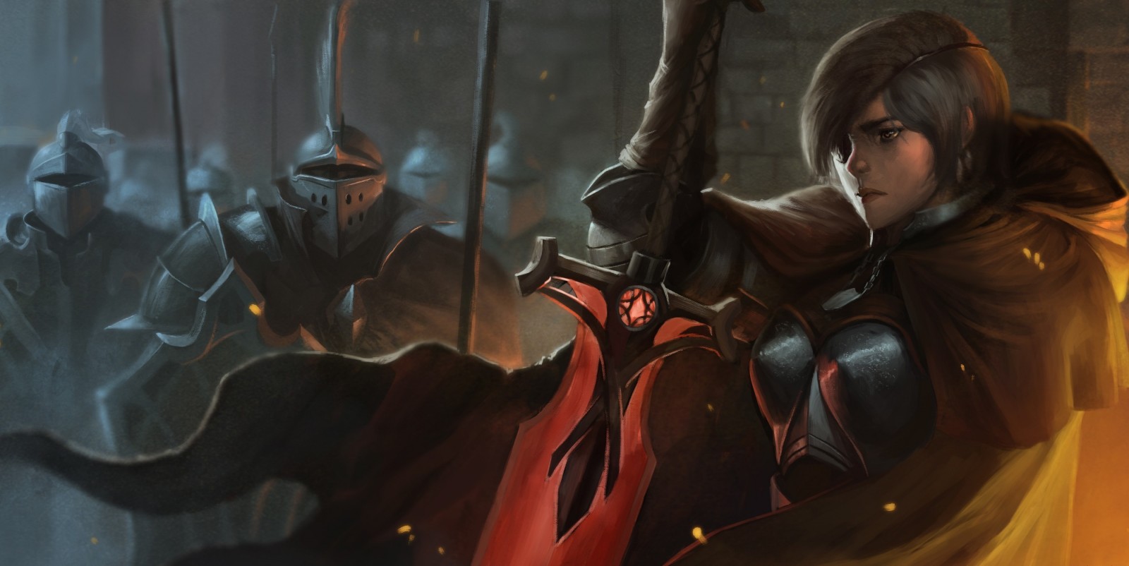 Fantasy art of a female knight with a sword and soldiers HD Wallpaper
