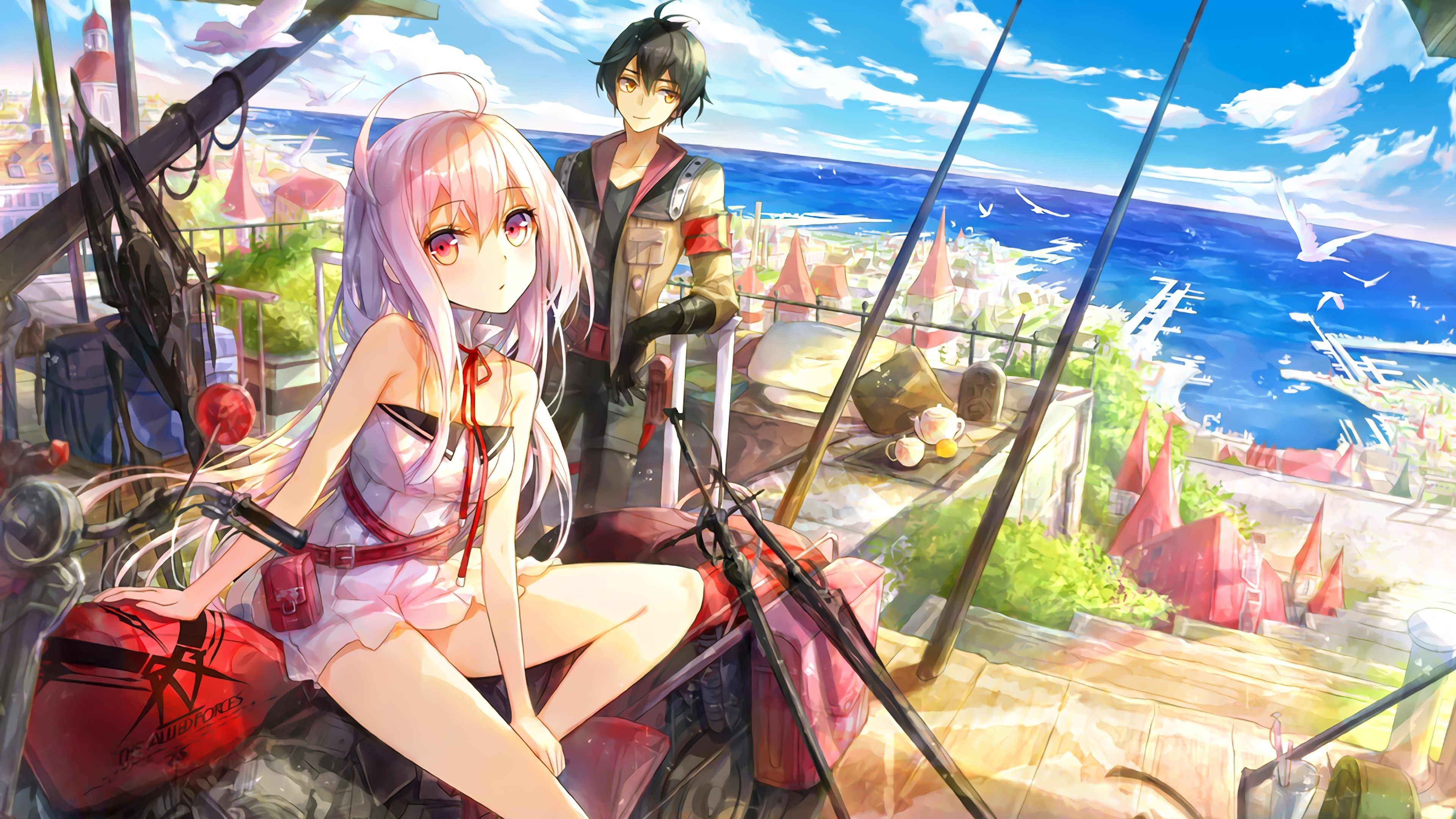 Anime couple on a balcony overlooking a coastal town HD Wallpaper