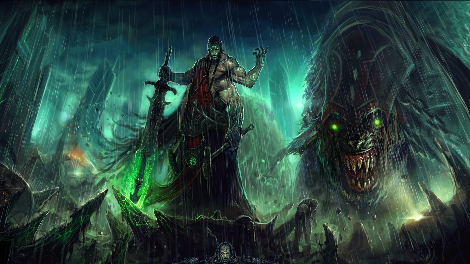 Fantasy art of a grim warrior and a monster in the rain HD Wallpaper