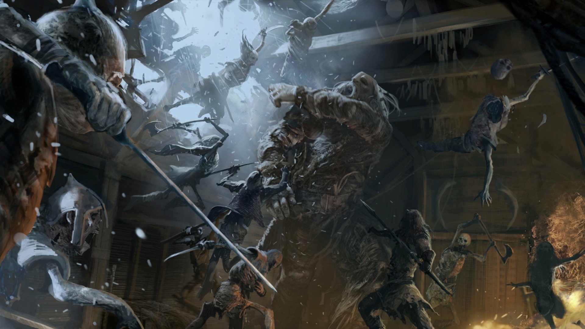 Battle between soldiers and monstrous creatures HD Wallpaper