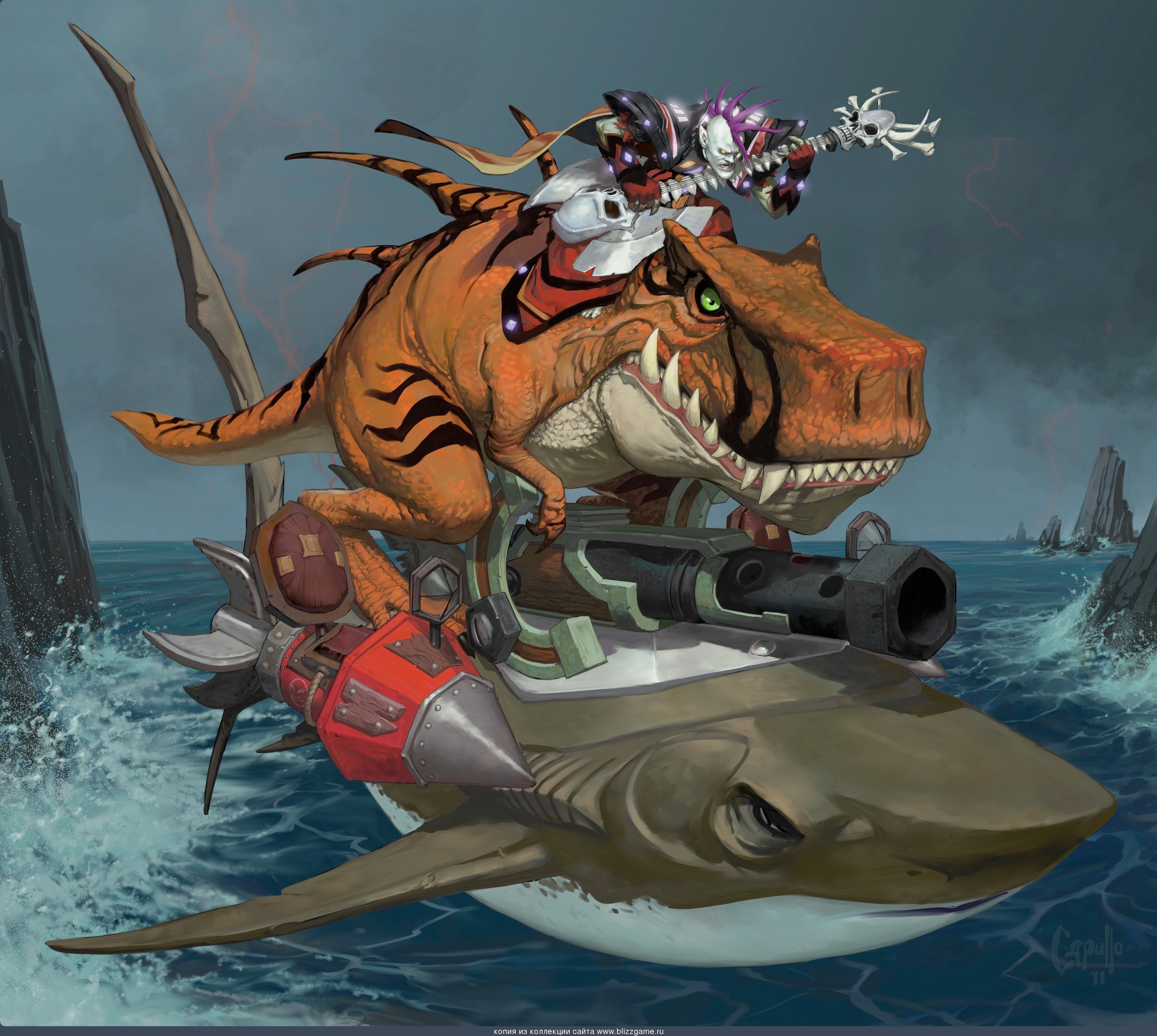 World of Warcraft fan art: Tiger-striped dinosaur on a shark HD Wallpaper