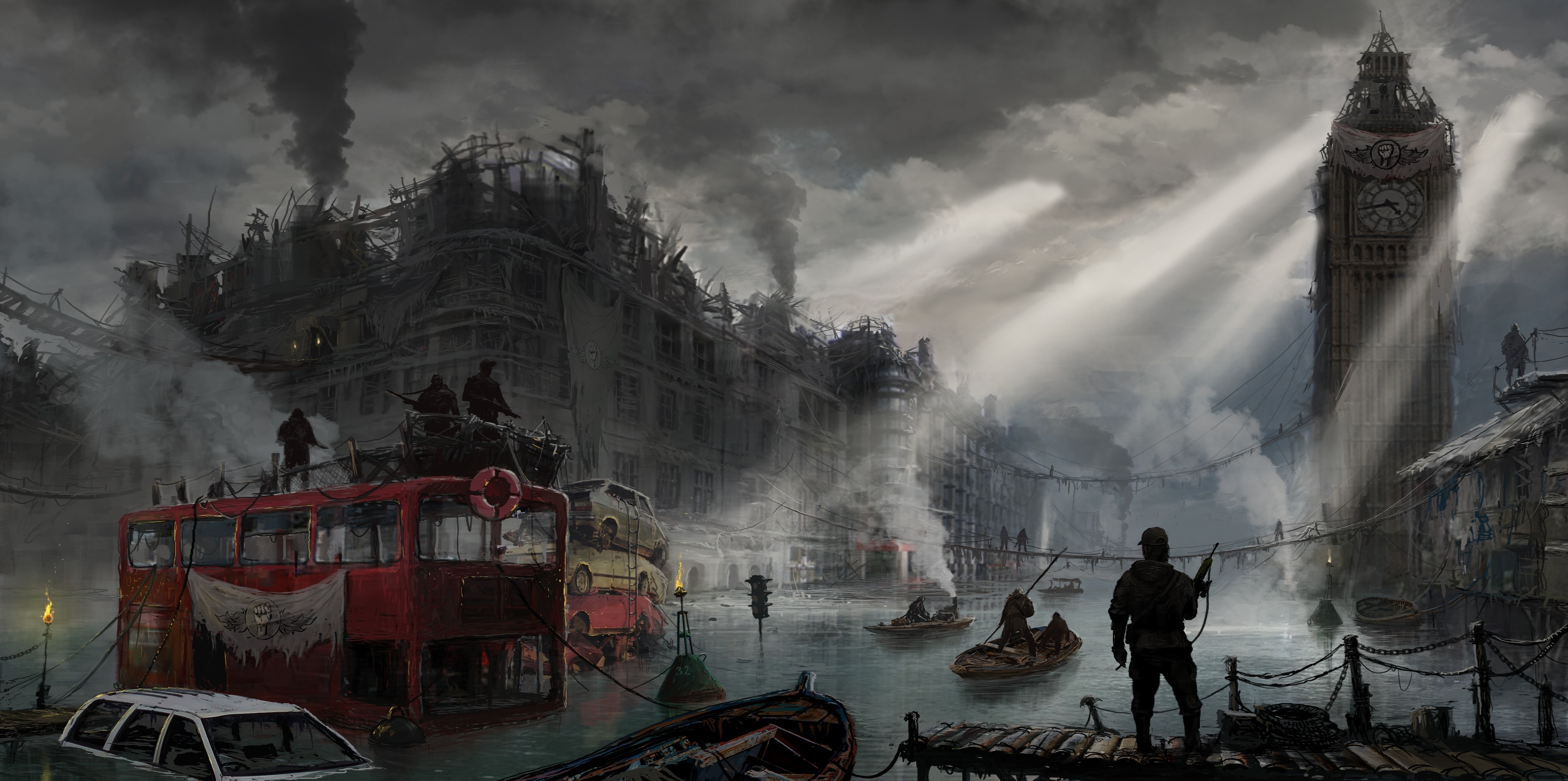 Apocalyptic London with Big Ben and flooded streets HD Wallpaper