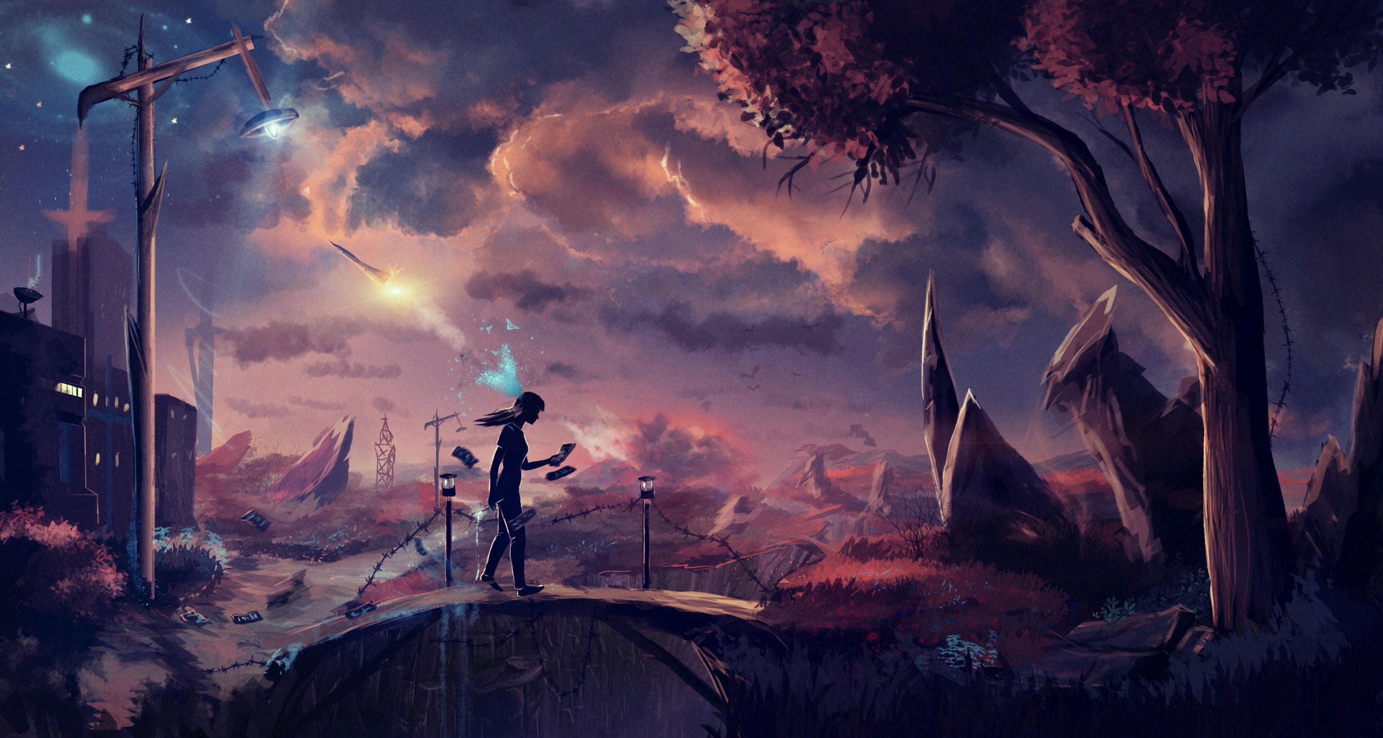 Fantasy art of a person walking on a bridge at dusk HD Wallpaper