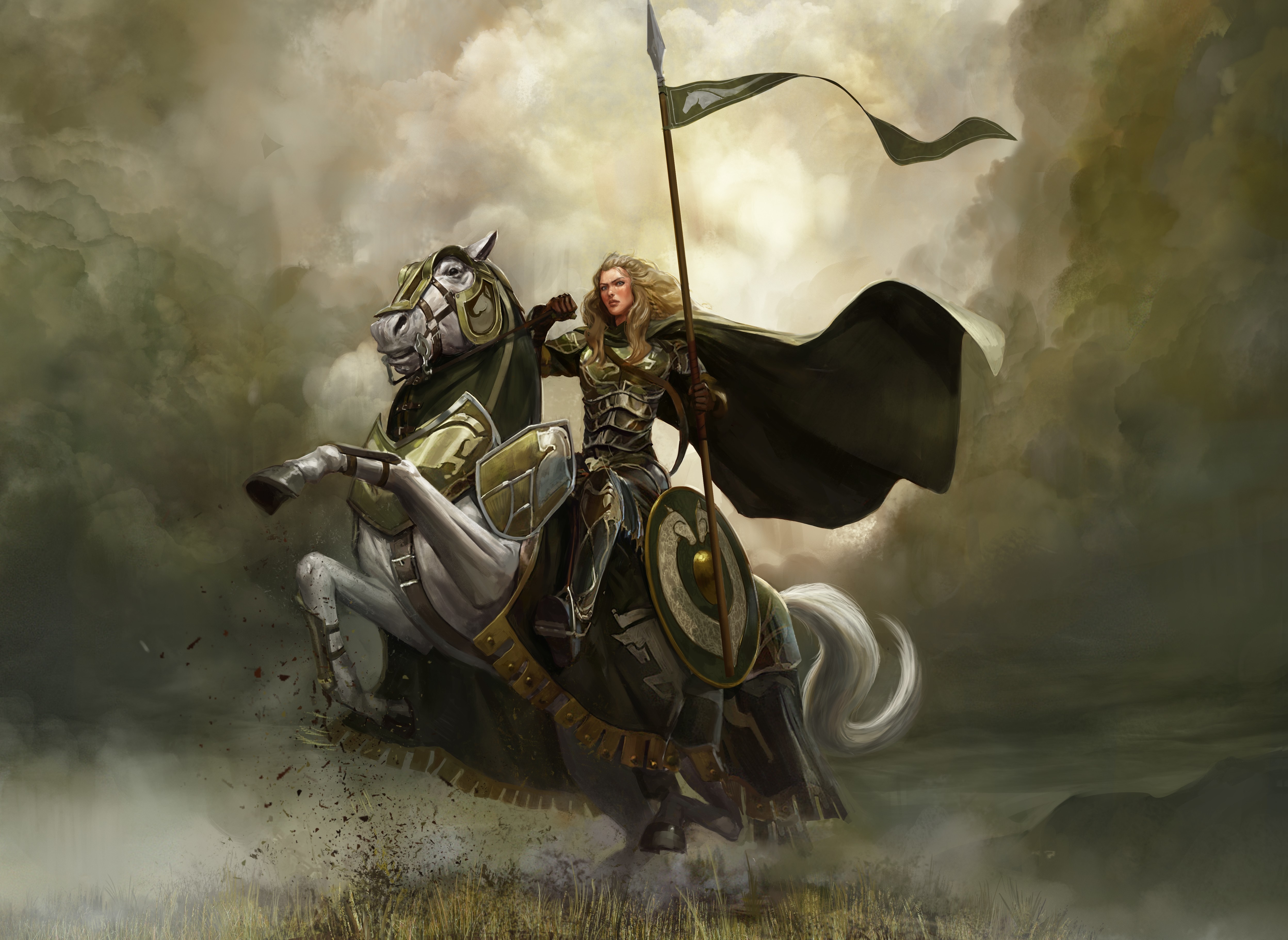 Fantasy warrior woman on horseback with banner HD Wallpaper