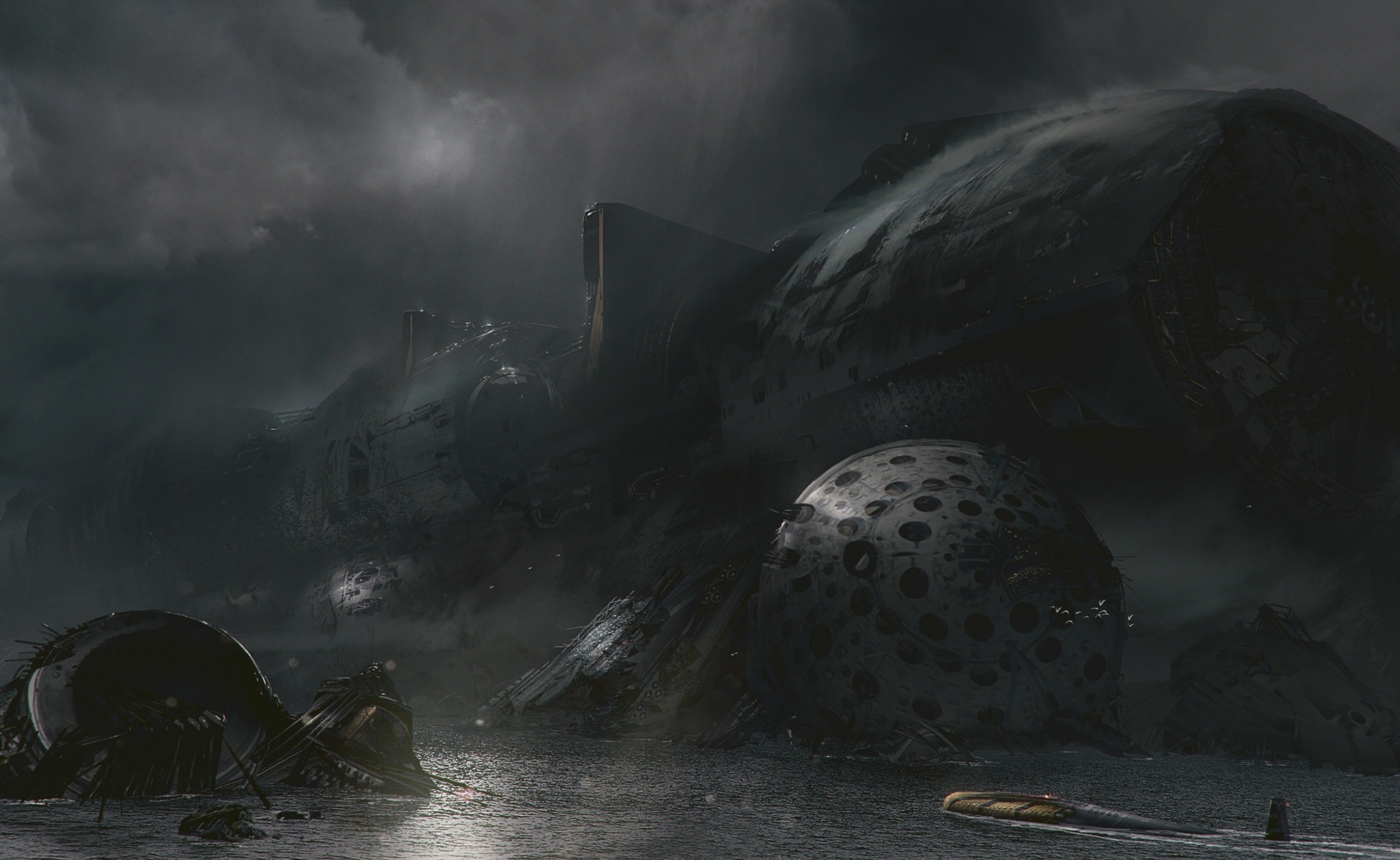 Futuristic wreckage in a dark, stormy sea HD Wallpaper