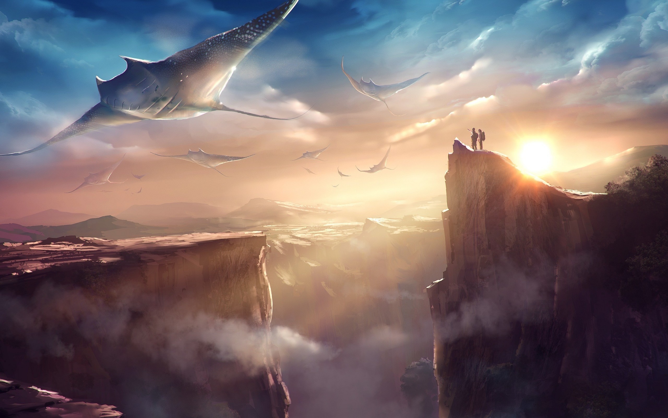 Fantasy creatures flying over a canyon at sunset HD Wallpaper