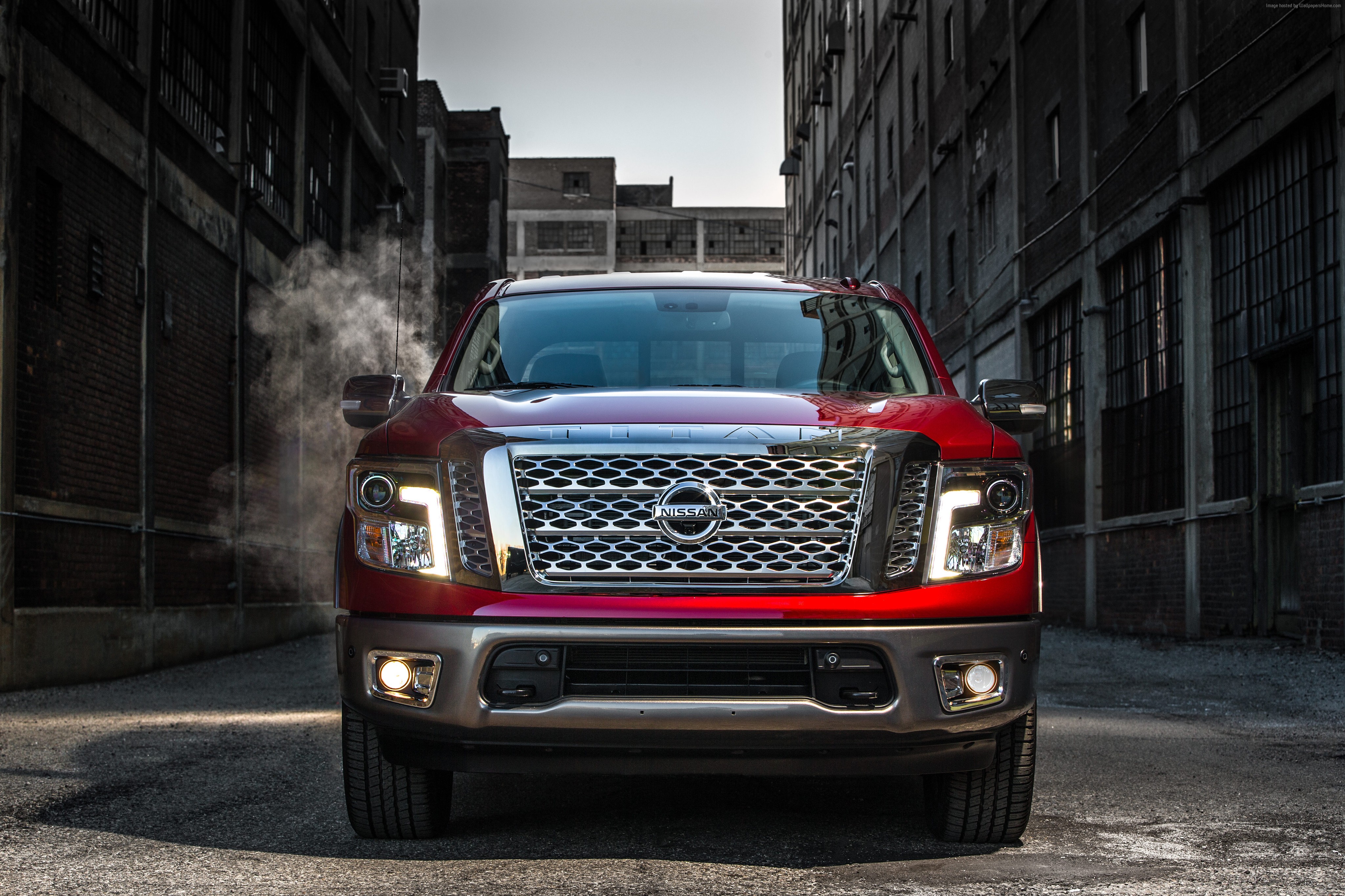 Red Nissan Titan Platinum Truck in Urban Alley HD Wallpaper