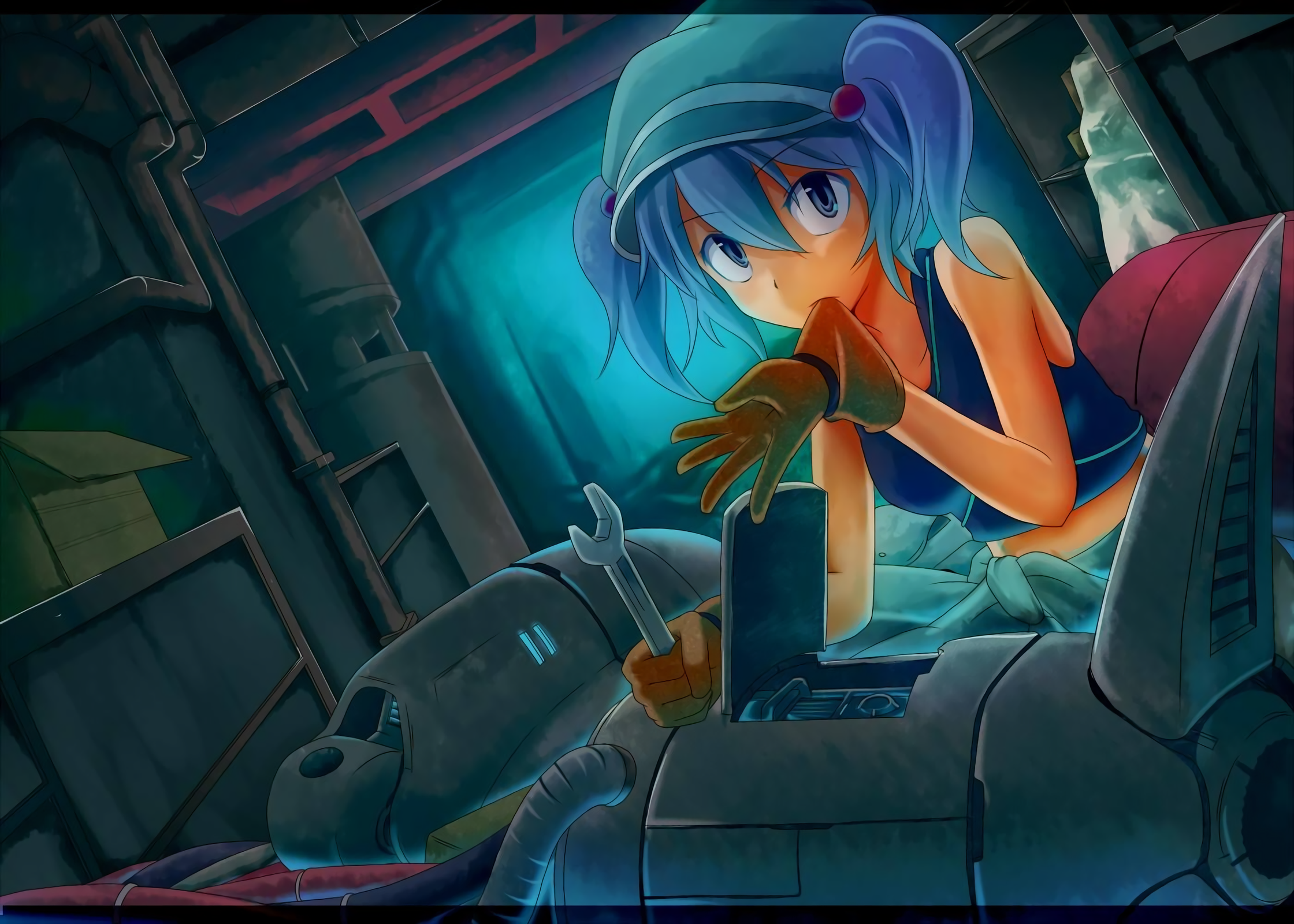 Kawashiro Nitori from Touhou working on a robot HD Wallpaper
