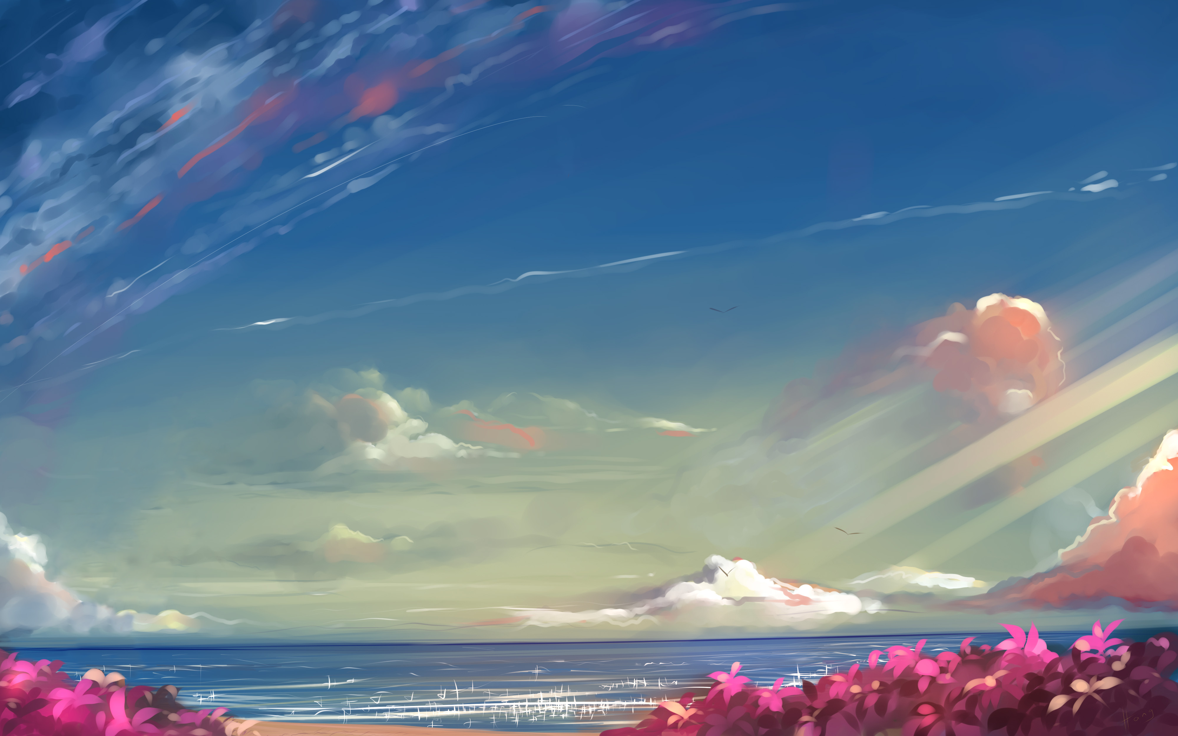 Anime landscape with sea and colorful clouds HD Wallpaper