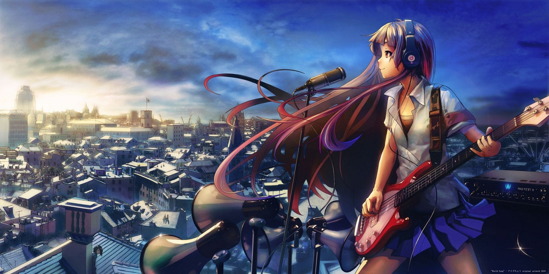 Anime girl playing guitar on a rooftop with city background HD Wallpaper
