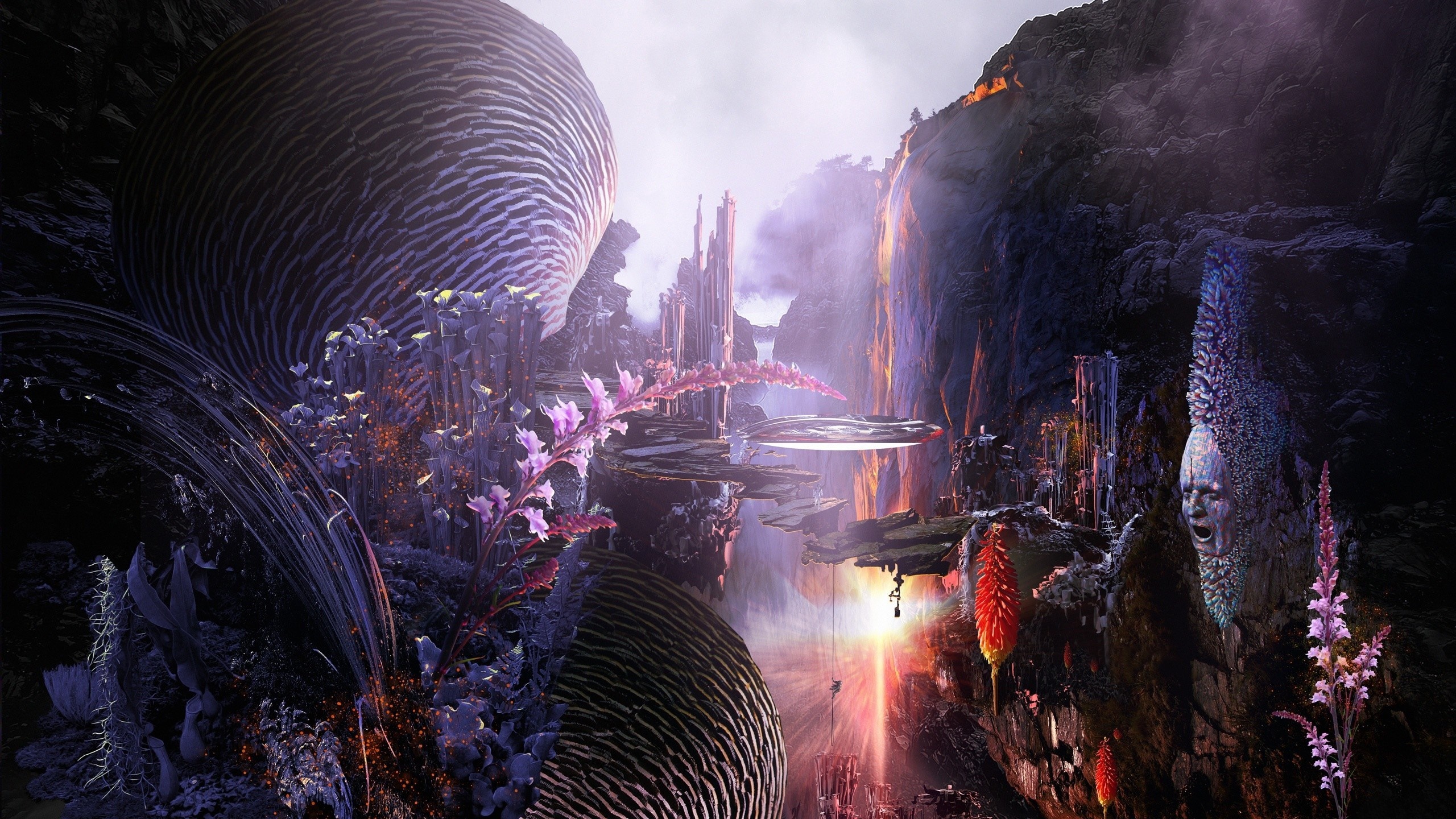 Surreal alien landscape with strange plants and rock formations HD Wallpaper