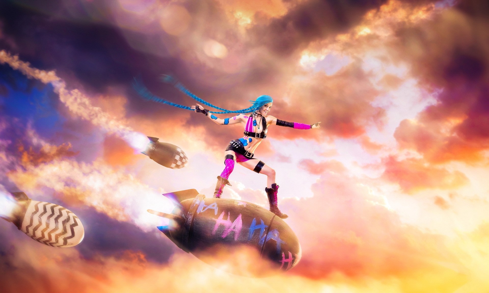 Jinx from League of Legends riding a bomb HD Wallpaper