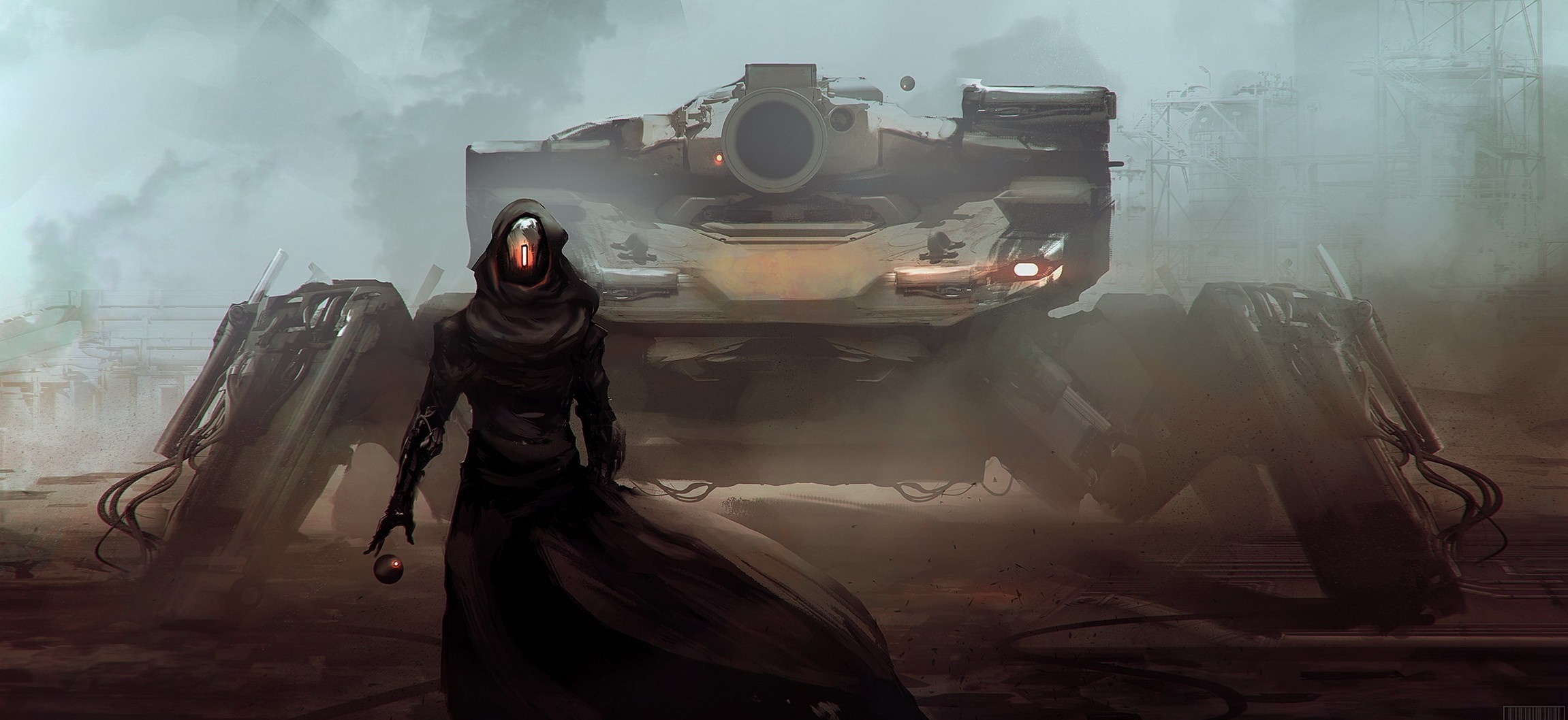 Hooded figure and mechanical walker in a desolate landscape HD Wallpaper