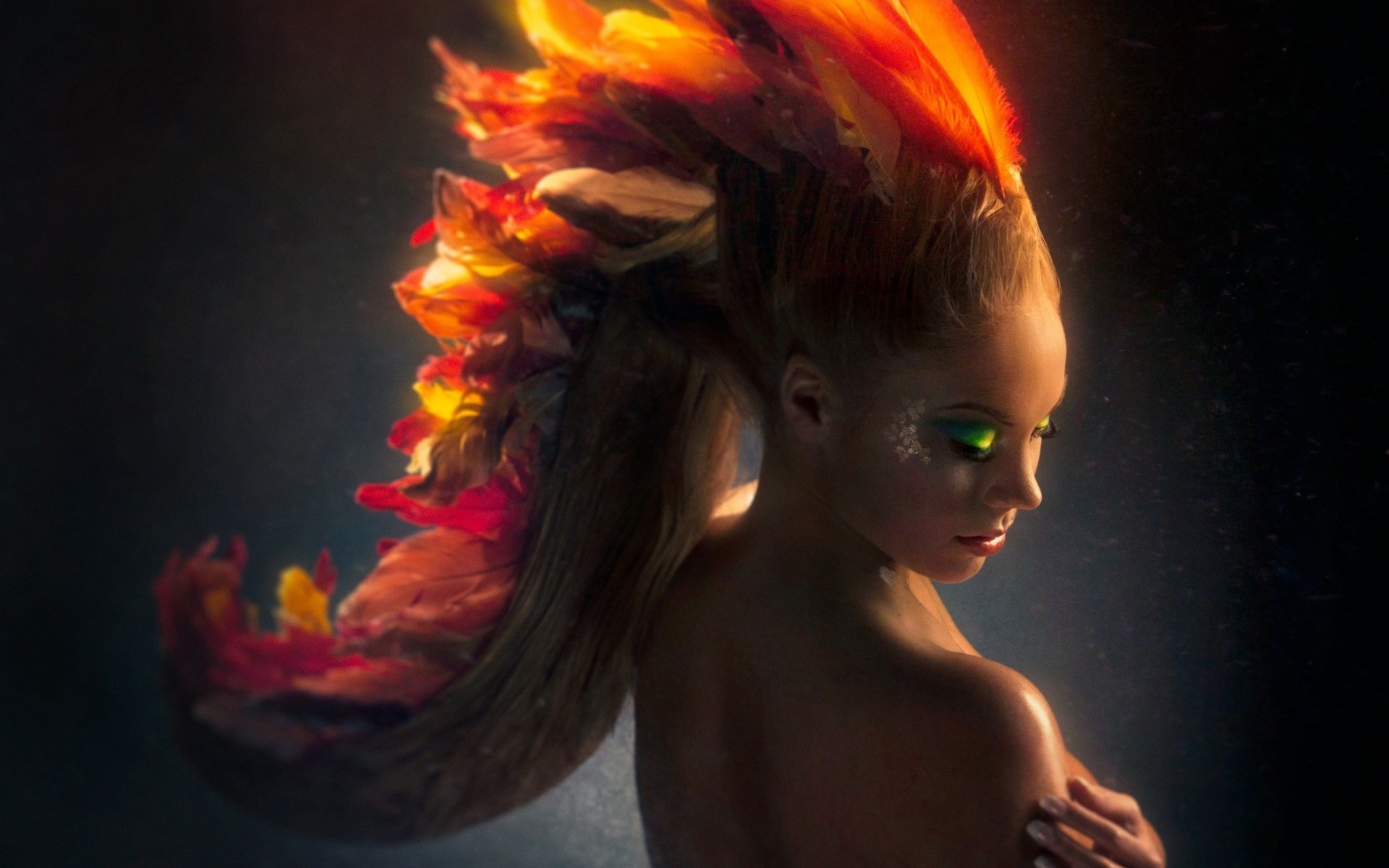 Woman with fiery hair and makeup HD Wallpaper