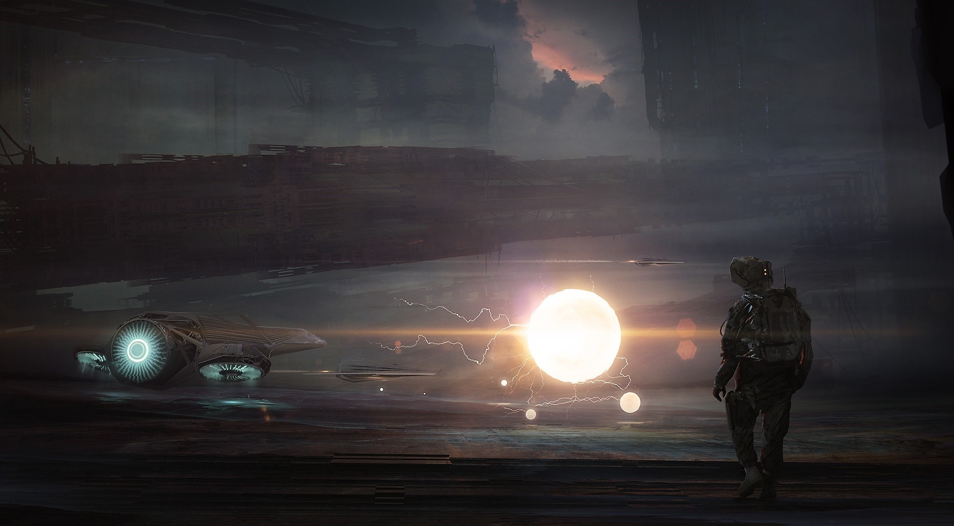 Science fiction scene with astronaut and spaceship HD Wallpaper