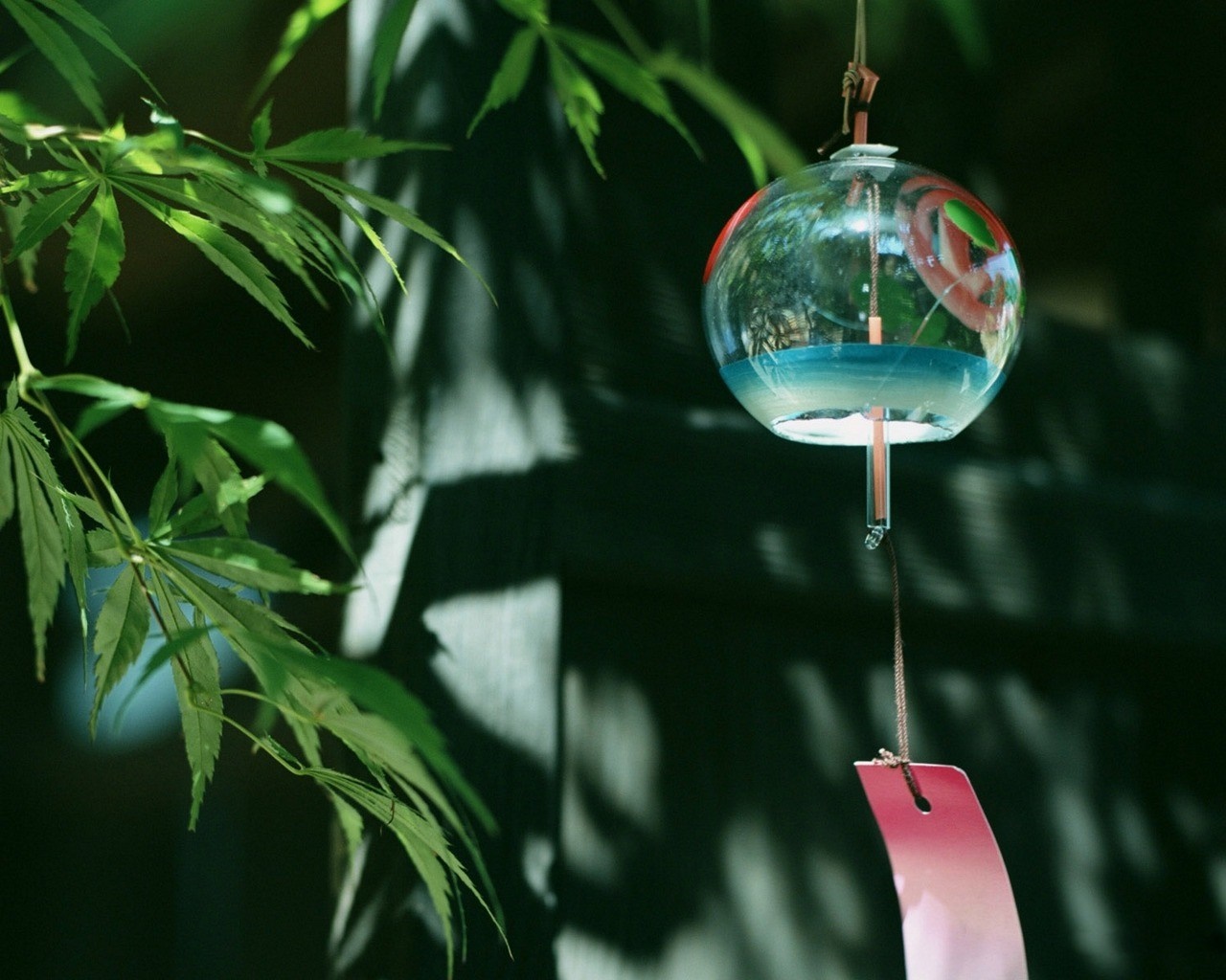 Glass wind chime with red and blue reflections hanging near green leaves HD Wallpaper