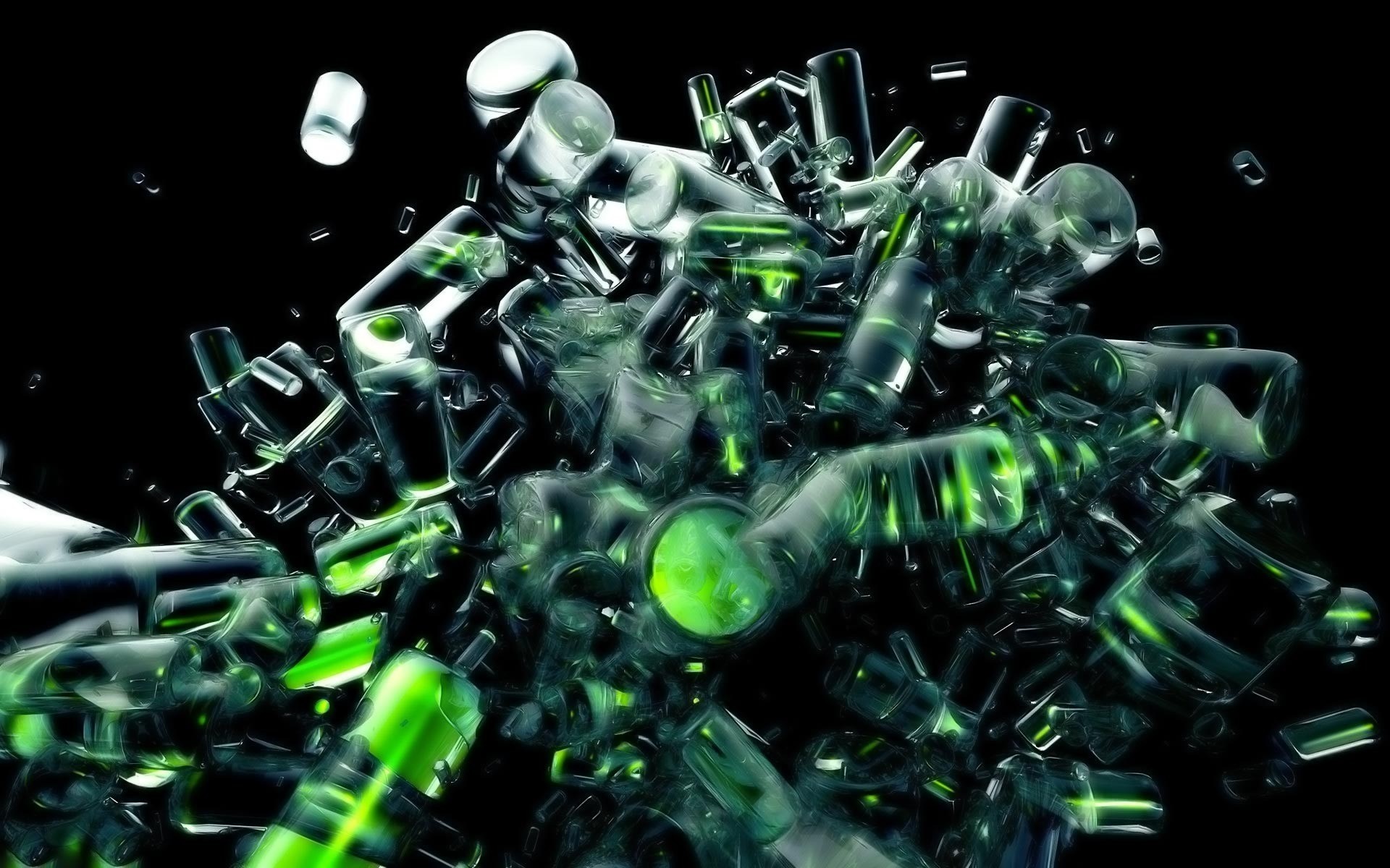 Abstract CGI cluster of green glass bottles HD Wallpaper