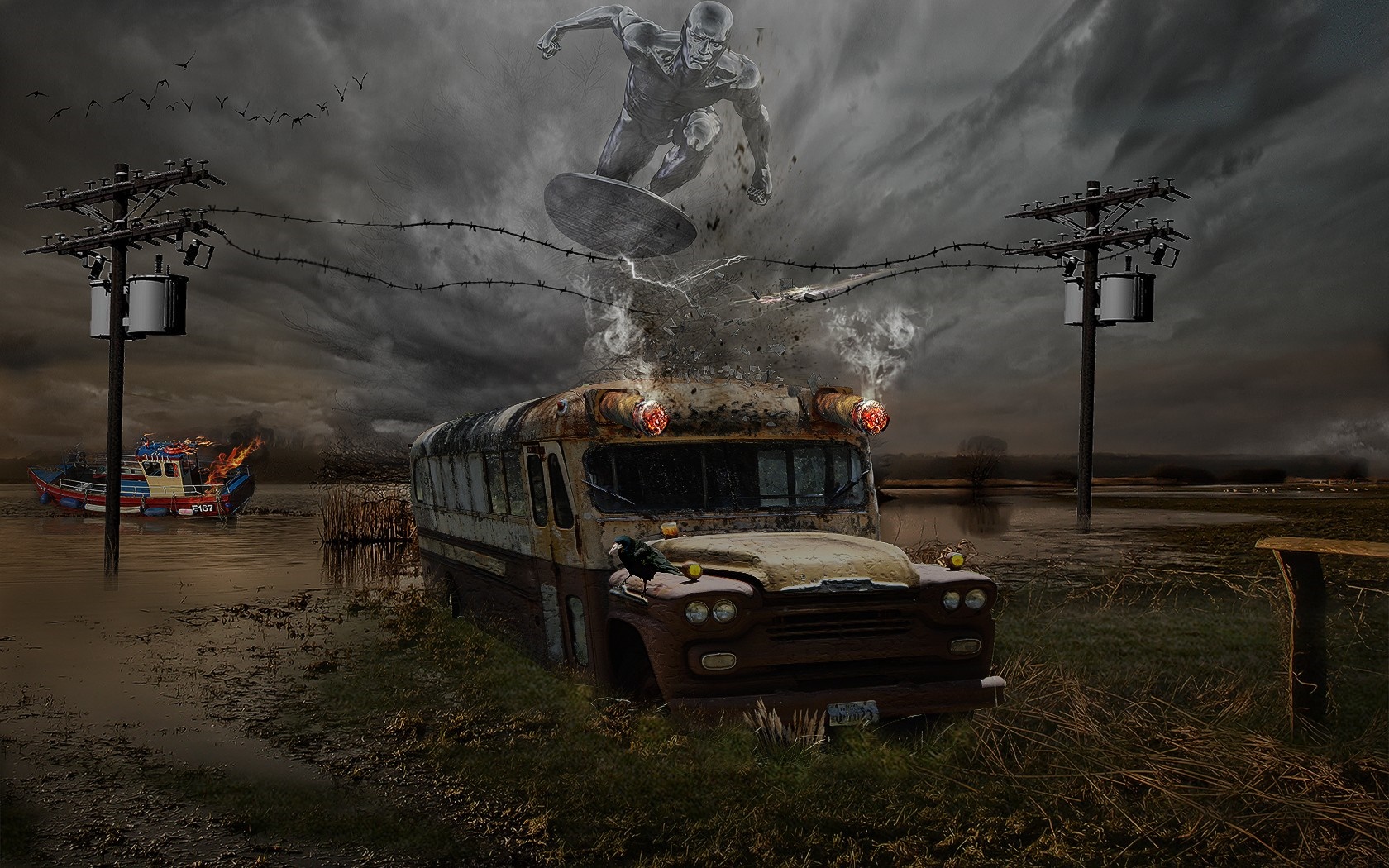 Silver Surfer above a burning bus in a swamp HD Wallpaper