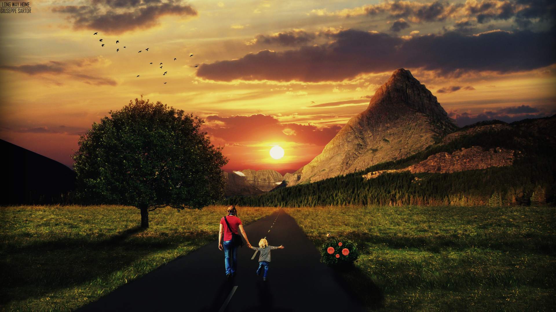 Mother and child walking on road at sunset HD Wallpaper