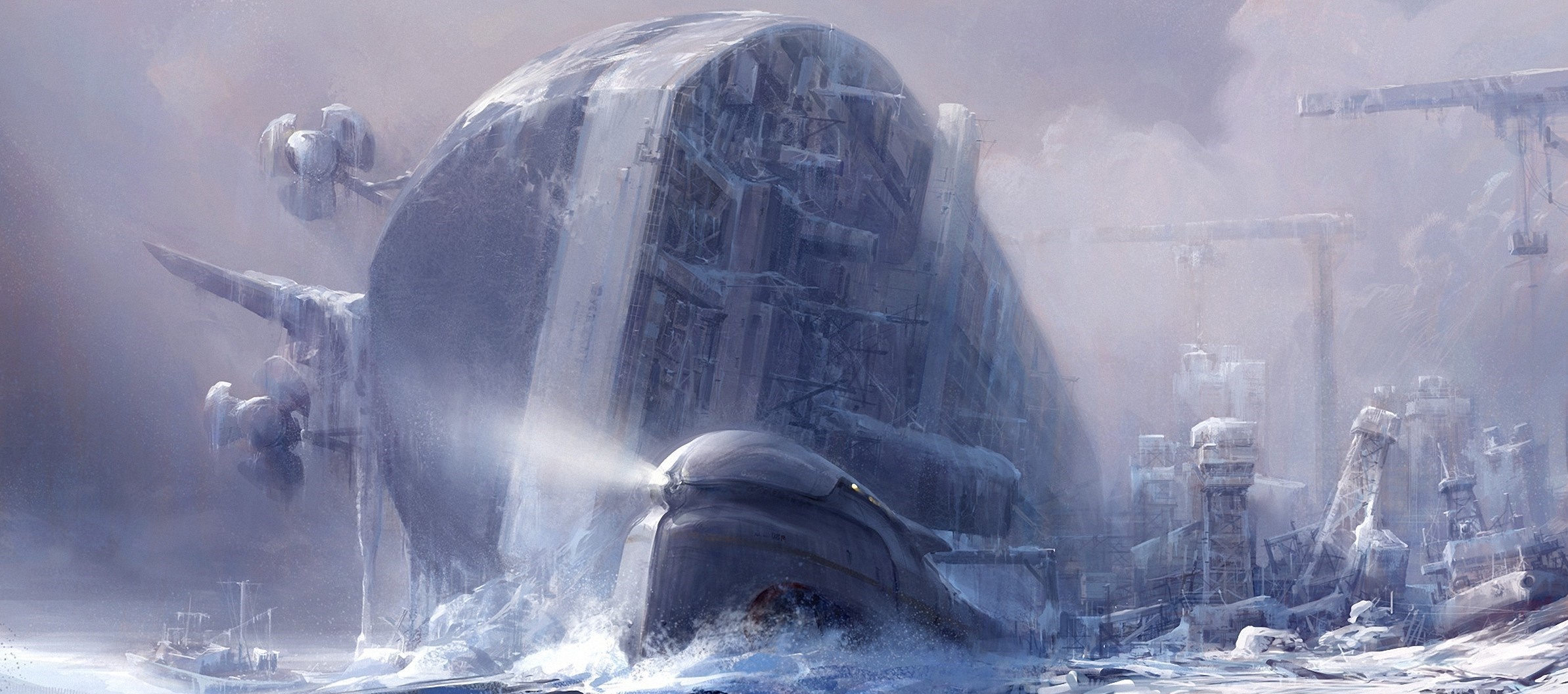 Frozen futuristic ship in icy landscape HD Wallpaper