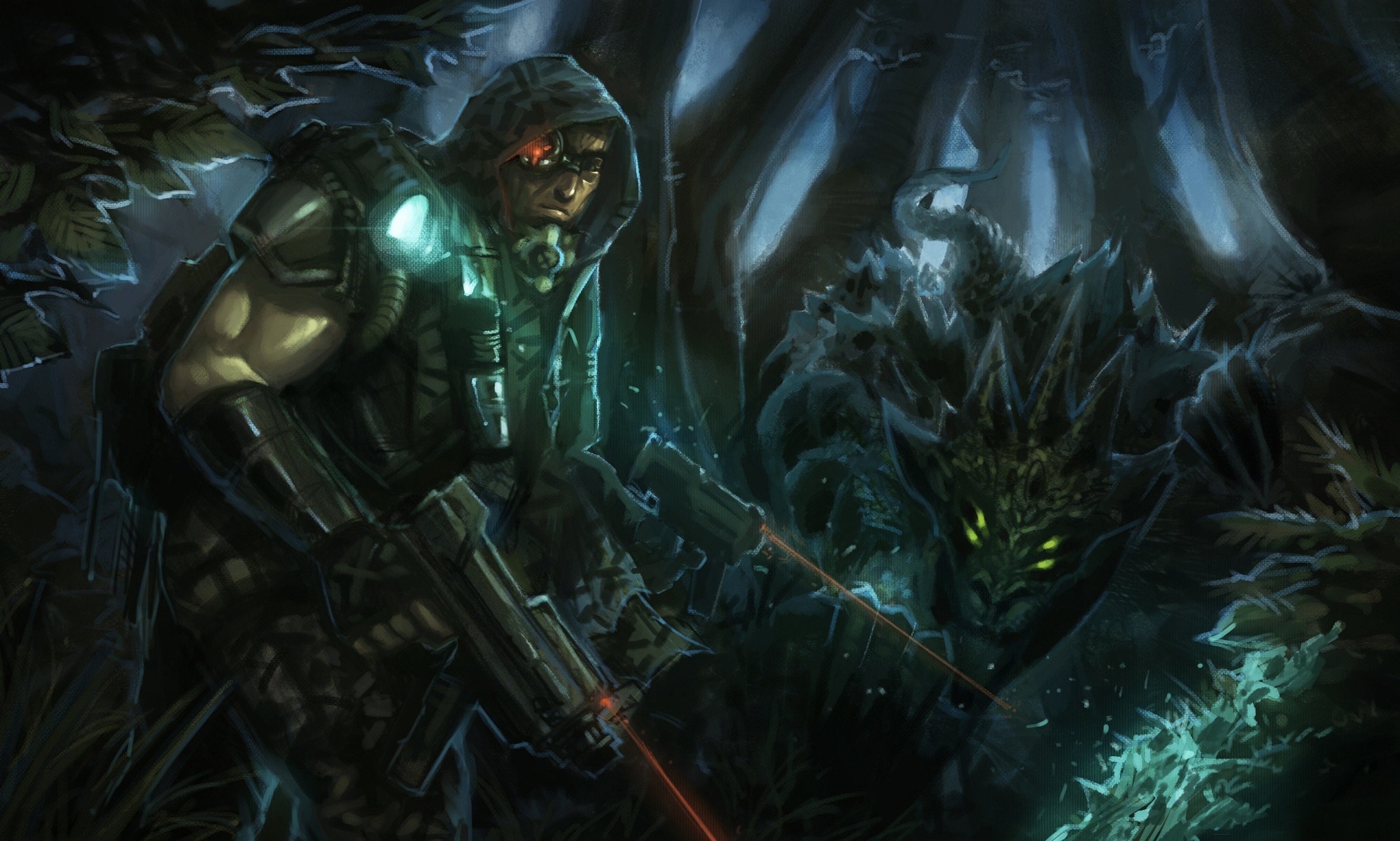 Soldier with rifle facing a monster in a dark forest HD Wallpaper