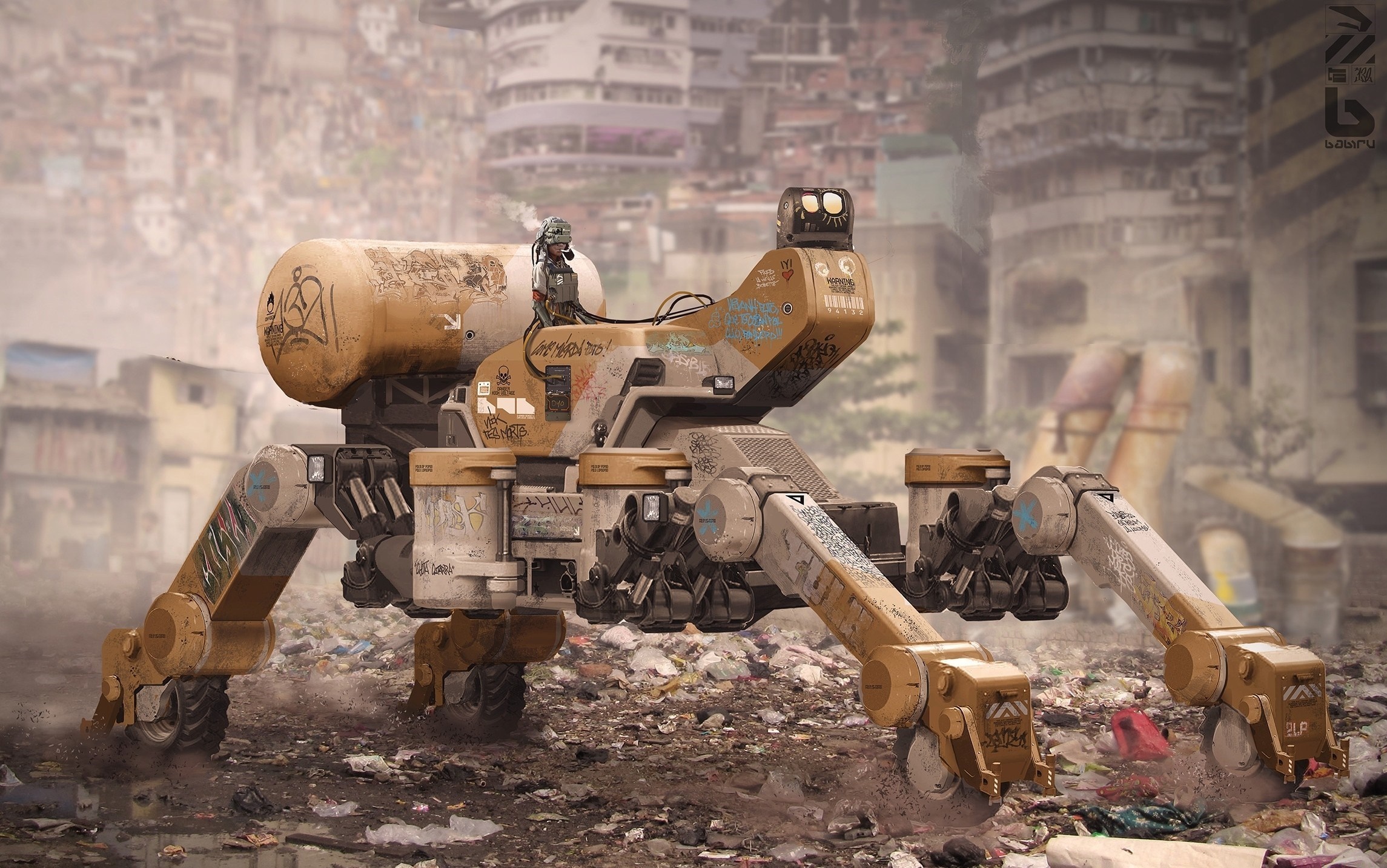 Futuristic spider-like vehicle in a ruined city HD Wallpaper