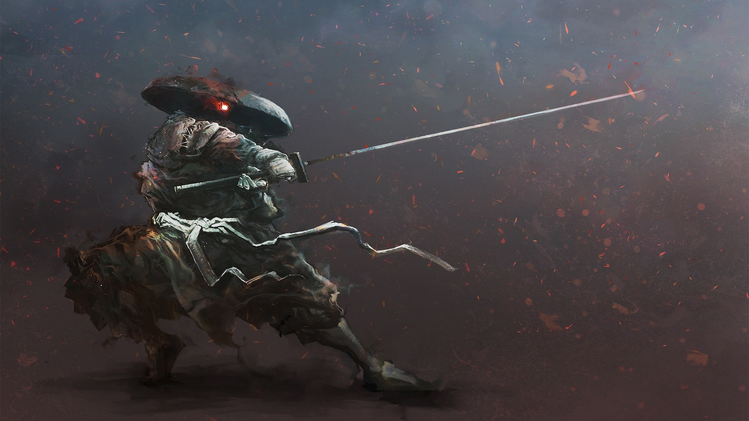 Dark Samurai Warrior with Glowing Red Eyes and Katana HD Wallpaper