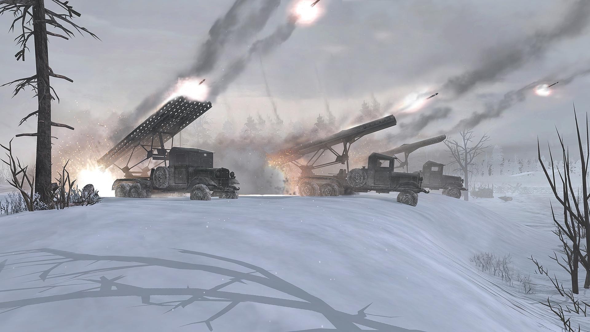Multiple rocket launchers firing in a snowy landscape HD Wallpaper